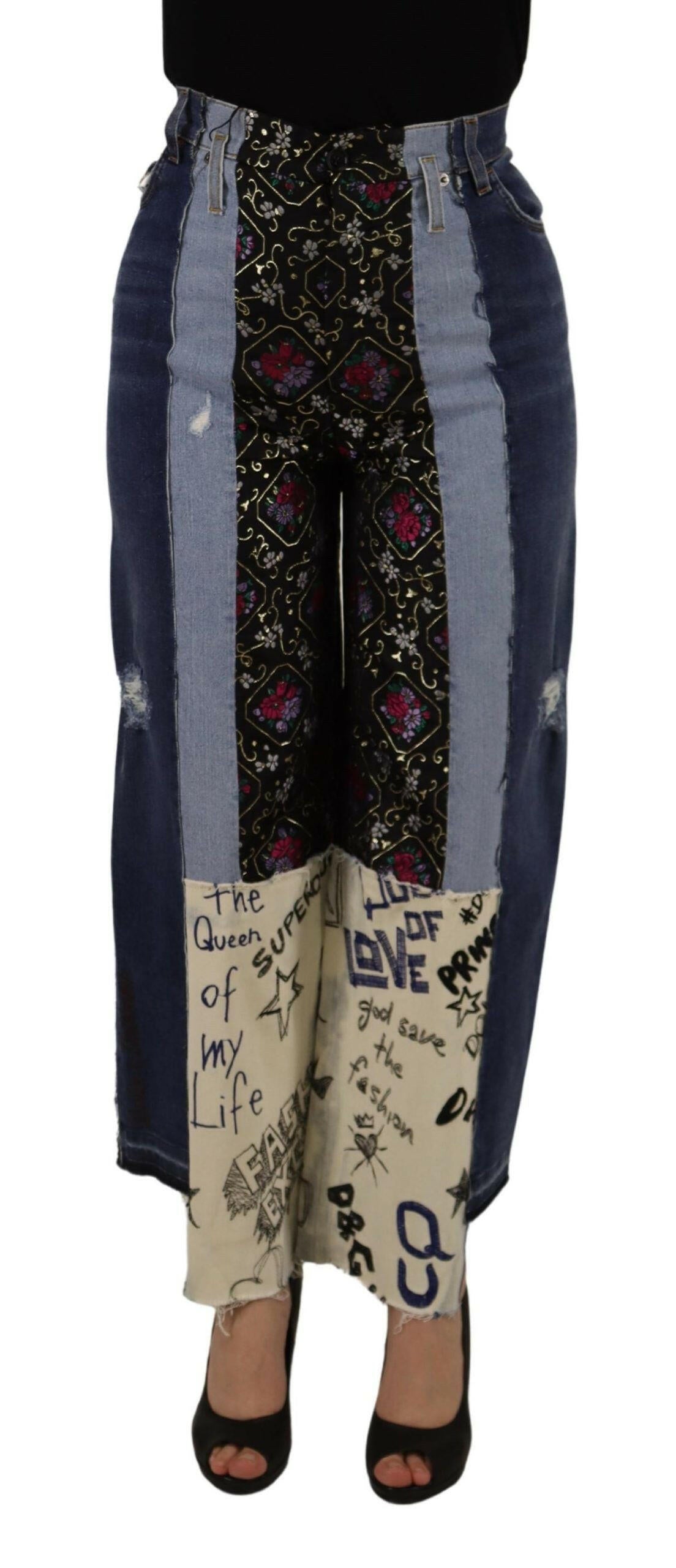 Dolce & Gabbana Multicolor Patchwork DG Fashion Wide Leg Denim Pant.