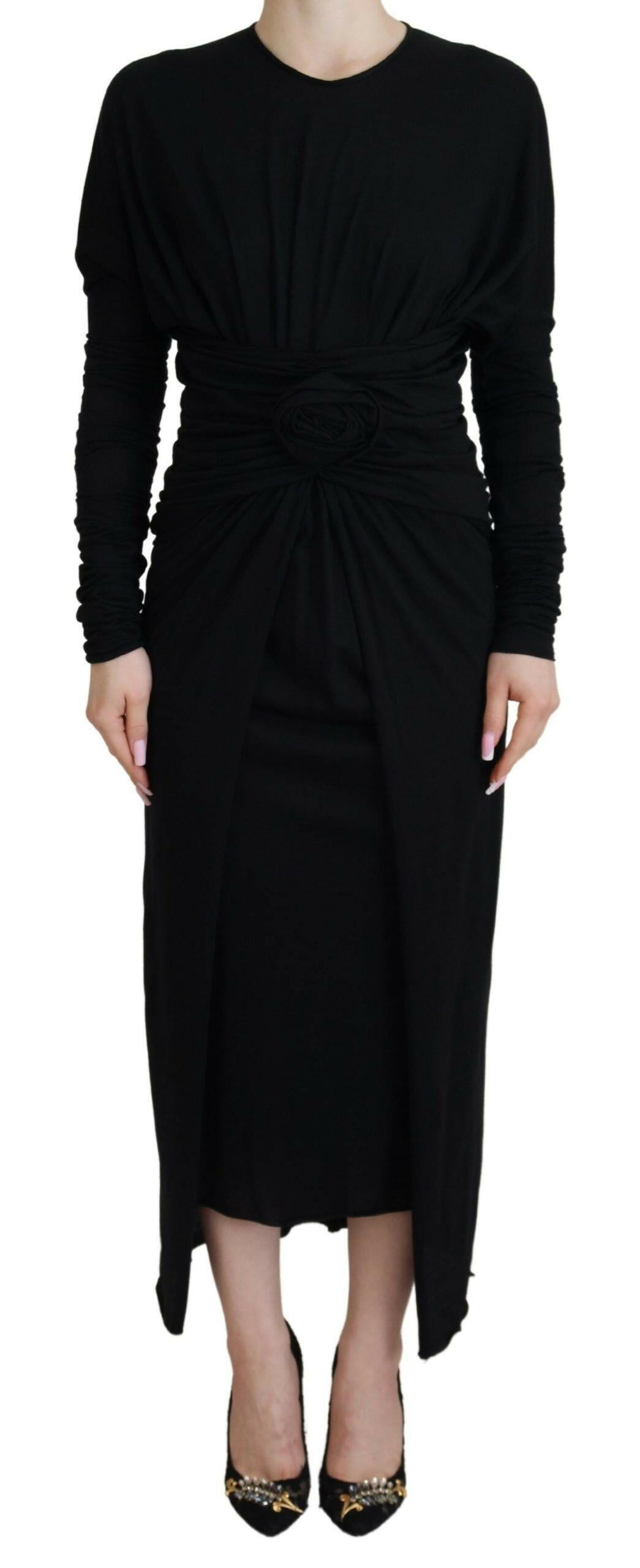 Dolce & Gabbana Black Sheath Midi Gown Wool Wrap Dress.