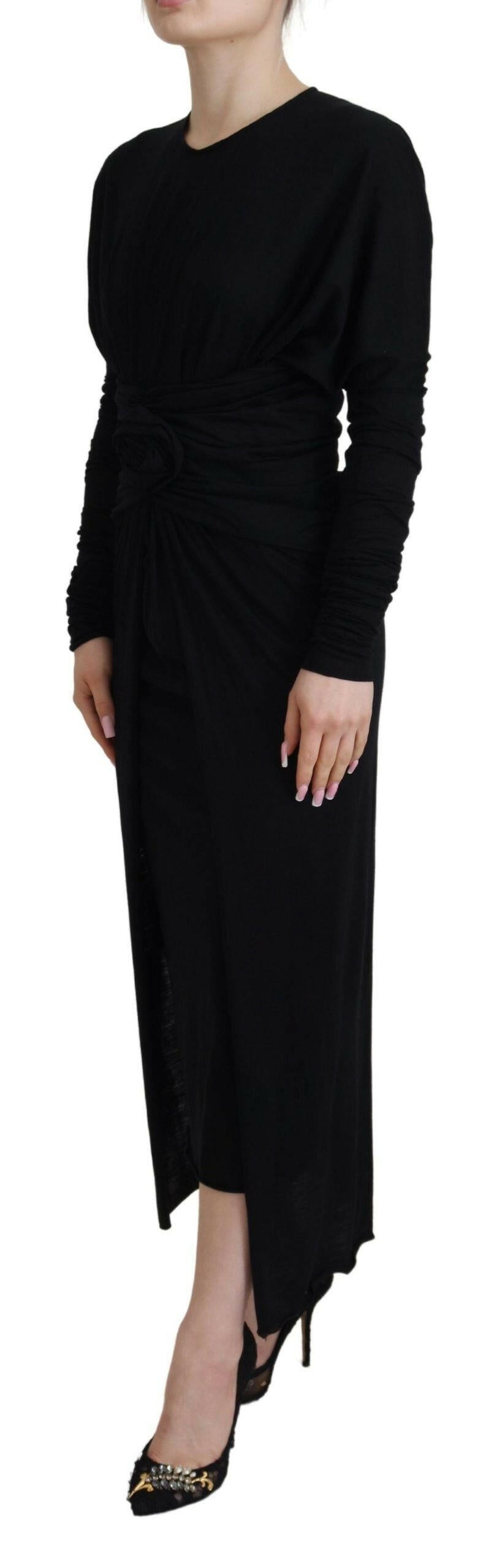 Dolce & Gabbana Black Sheath Midi Gown Wool Wrap Dress.