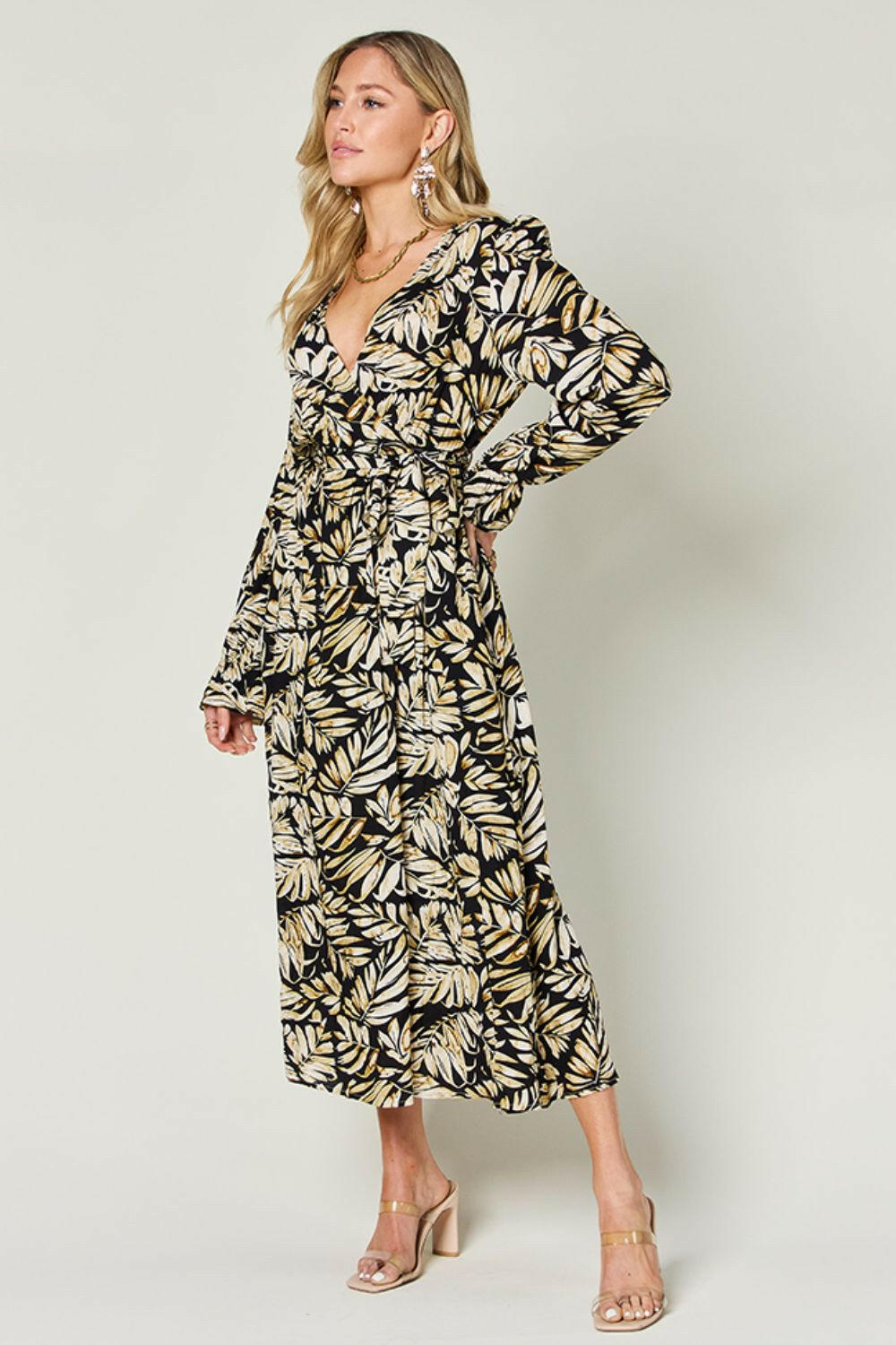 Double Take Full Size Tie Back Flounce Sleeve Dress.
