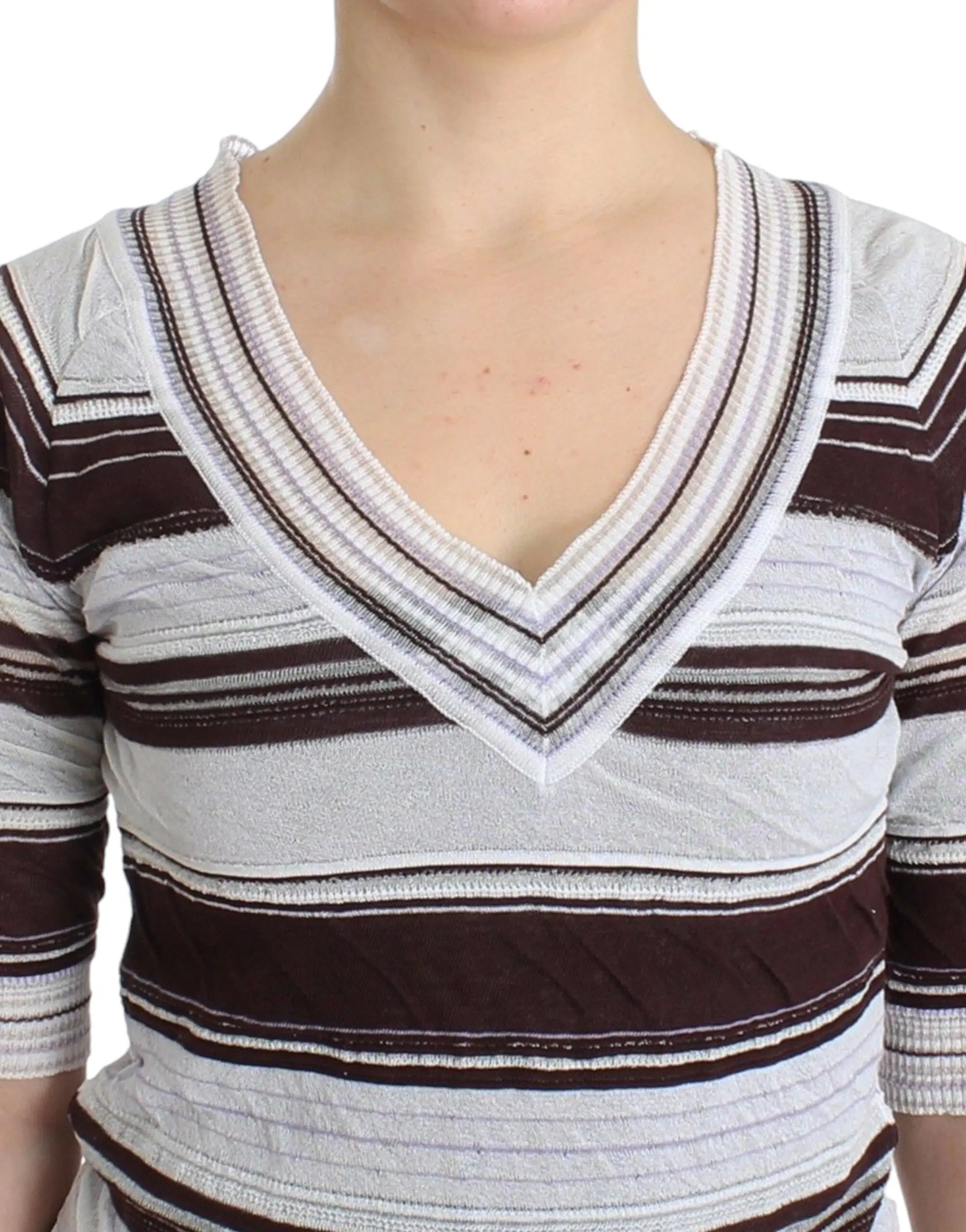 Ermanno Scervino Striped V-Neck Knit Top with Lace Hem Ermanno Scervino