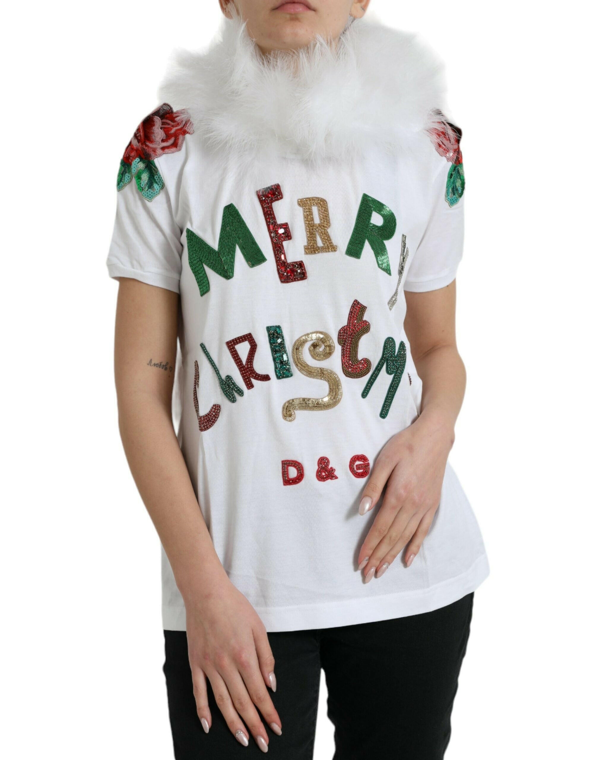 Dolce & Gabbana White Cotton Christmas Sequin Fur T-shirt.