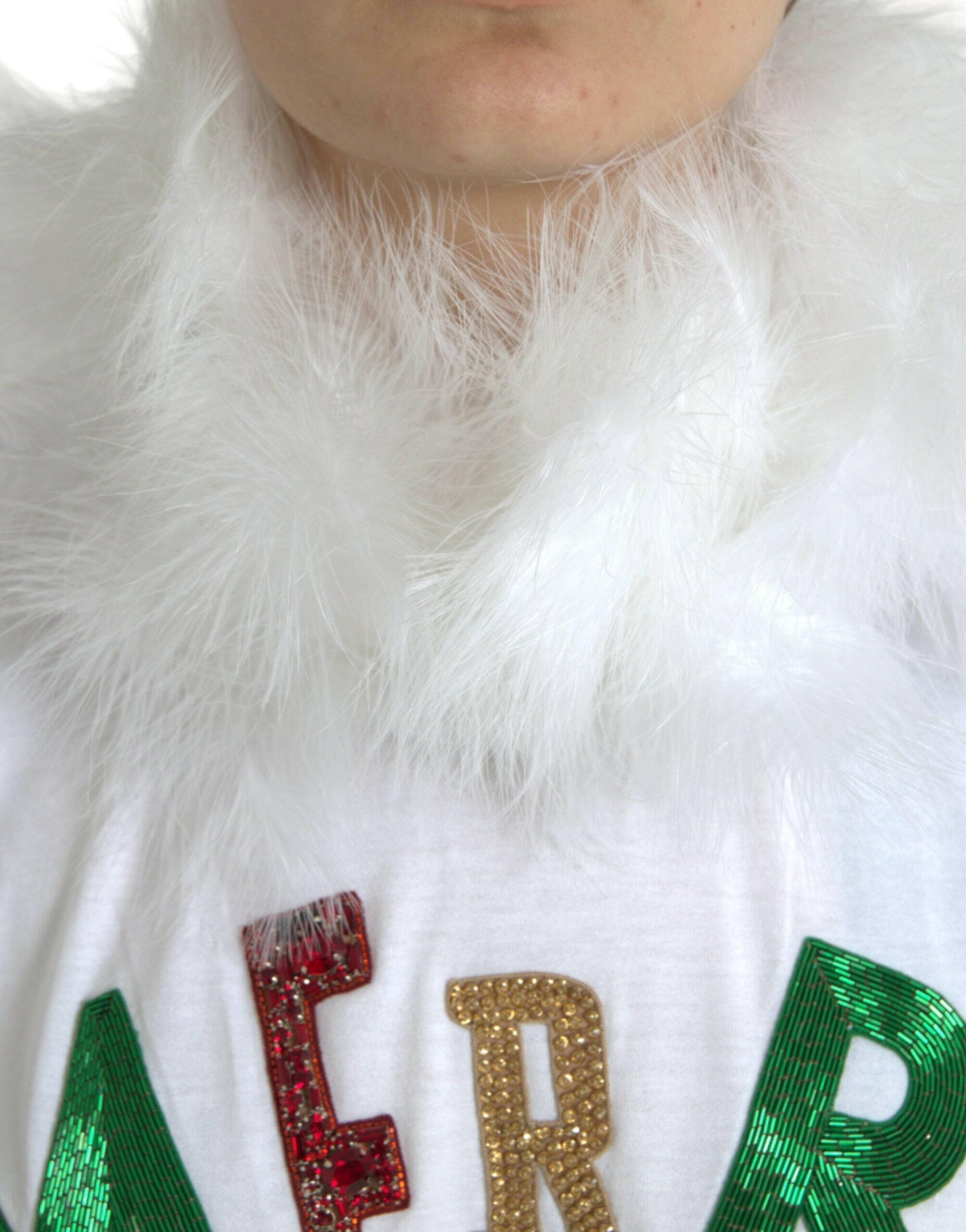 Dolce & Gabbana White Cotton Christmas Sequin Fur T-shirt.