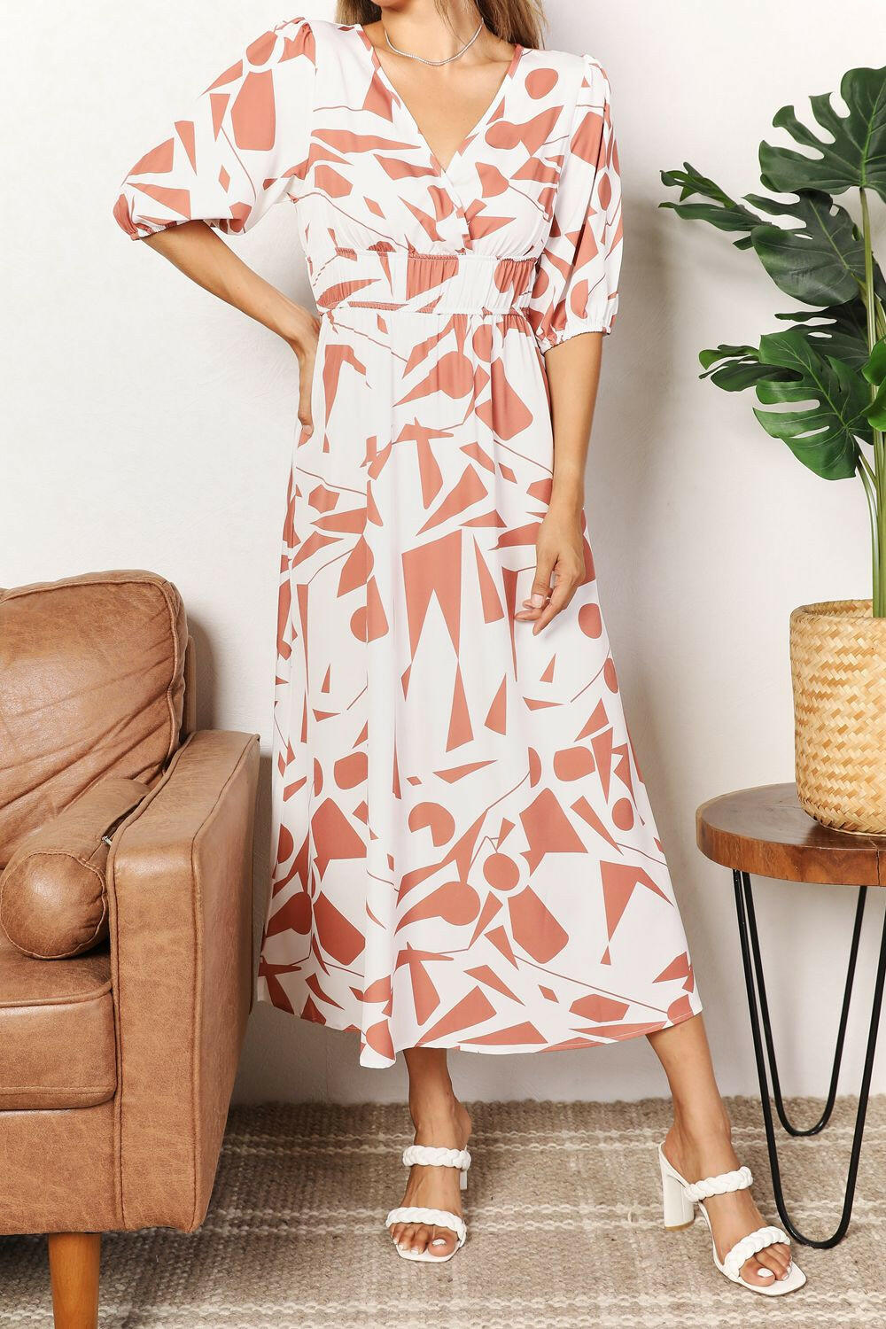 Double Take Printed Surplice Balloon Sleeve Dress.