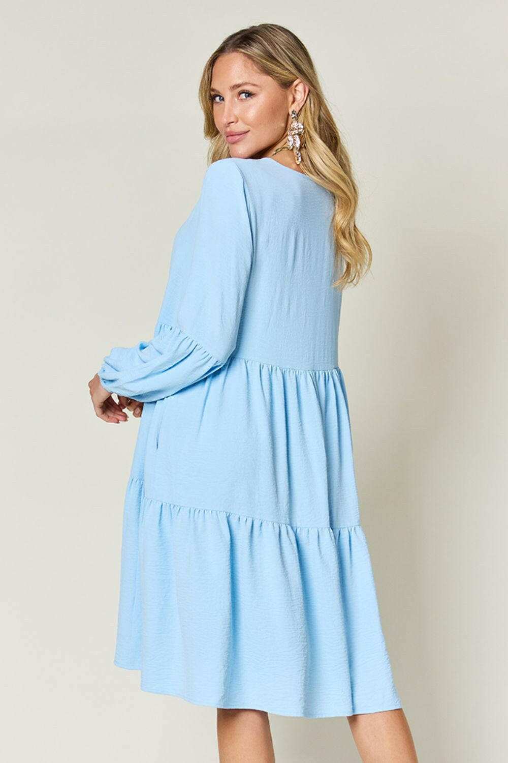 Double Take Full Size V-Neck Balloon Sleeve Tiered Dress - MaraFormigone