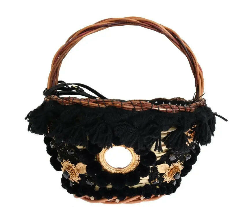 Dolce & Gabbana Beige Straw Snakeskin Pom Pom Crystal AGNESE Bag.