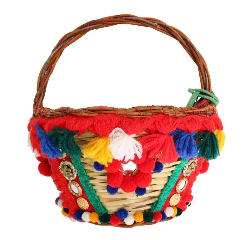 Dolce & Gabbana Multicolor AGNESE Straw Crystal  Pom Pom Bag.