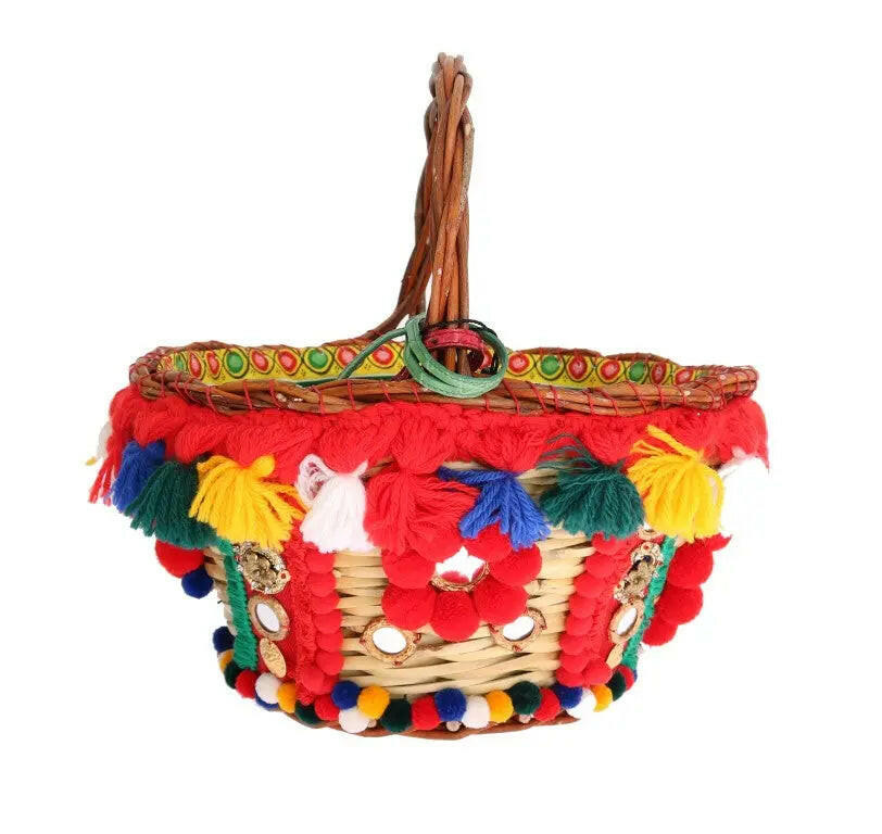 Dolce & Gabbana Multicolor AGNESE Straw Crystal  Pom Pom Bag.