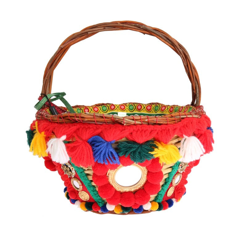 Dolce & Gabbana Elegant Beige Straw & Exotic Skins Pom Pom Tote Dolce & Gabbana
