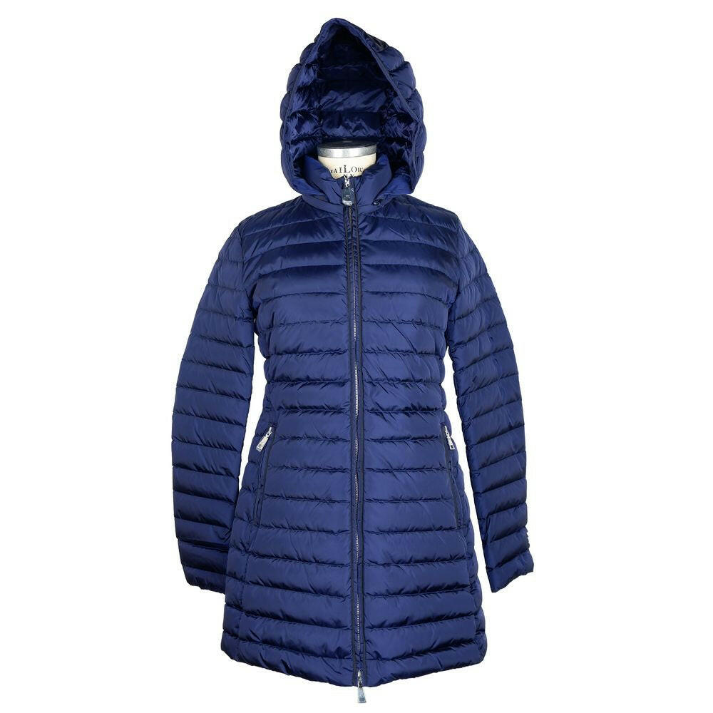 Add Elegant Blue Down Puffer Jacket with Hood.