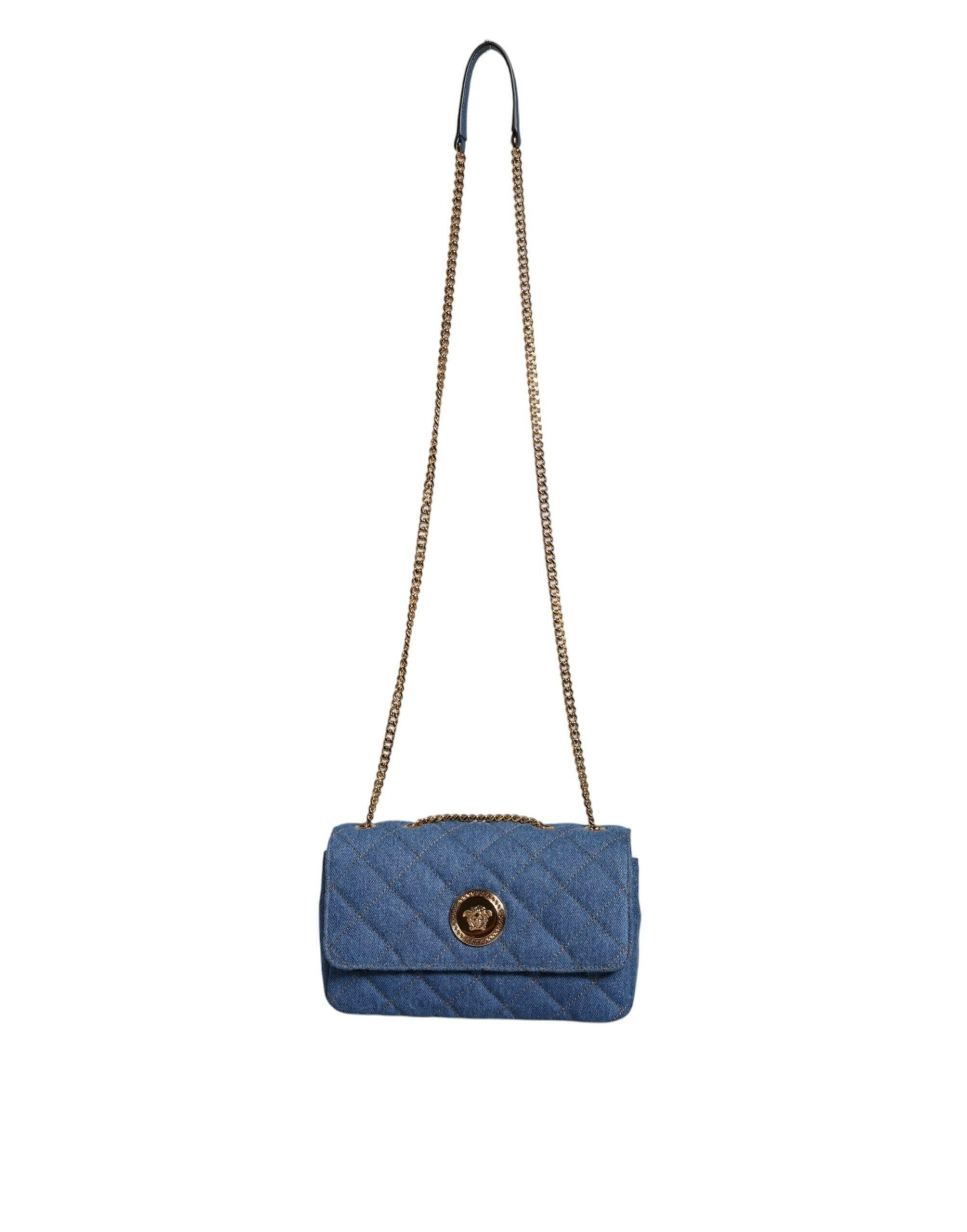 Versace Blue Quilted Denim Leather Crossbody Shoulder Bag.