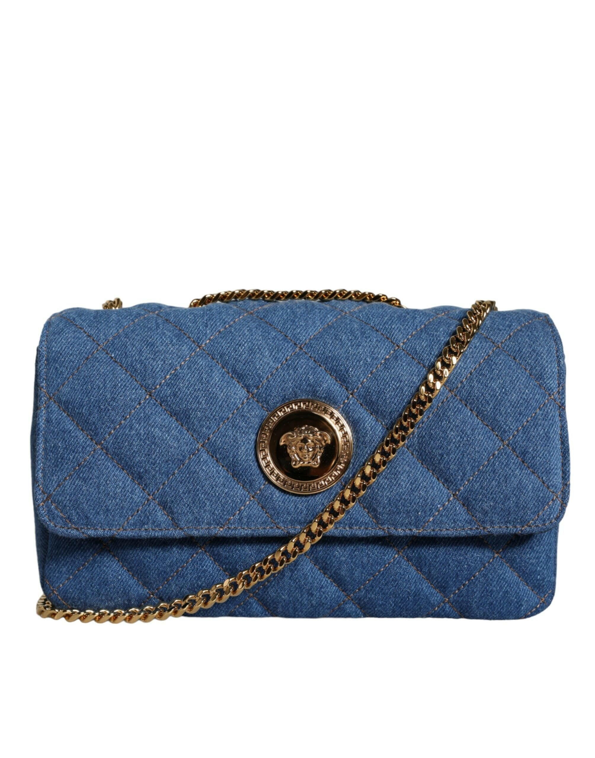 Versace Blue Quilted Denim Leather Crossbody Shoulder Bag.