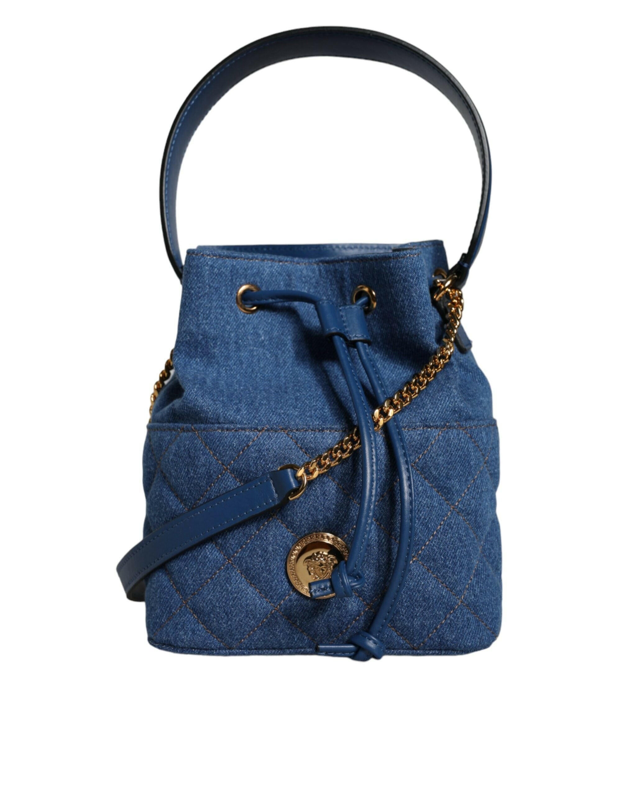 Versace Blue Quilted Denim Leather Crossbody Shoulder Bag.