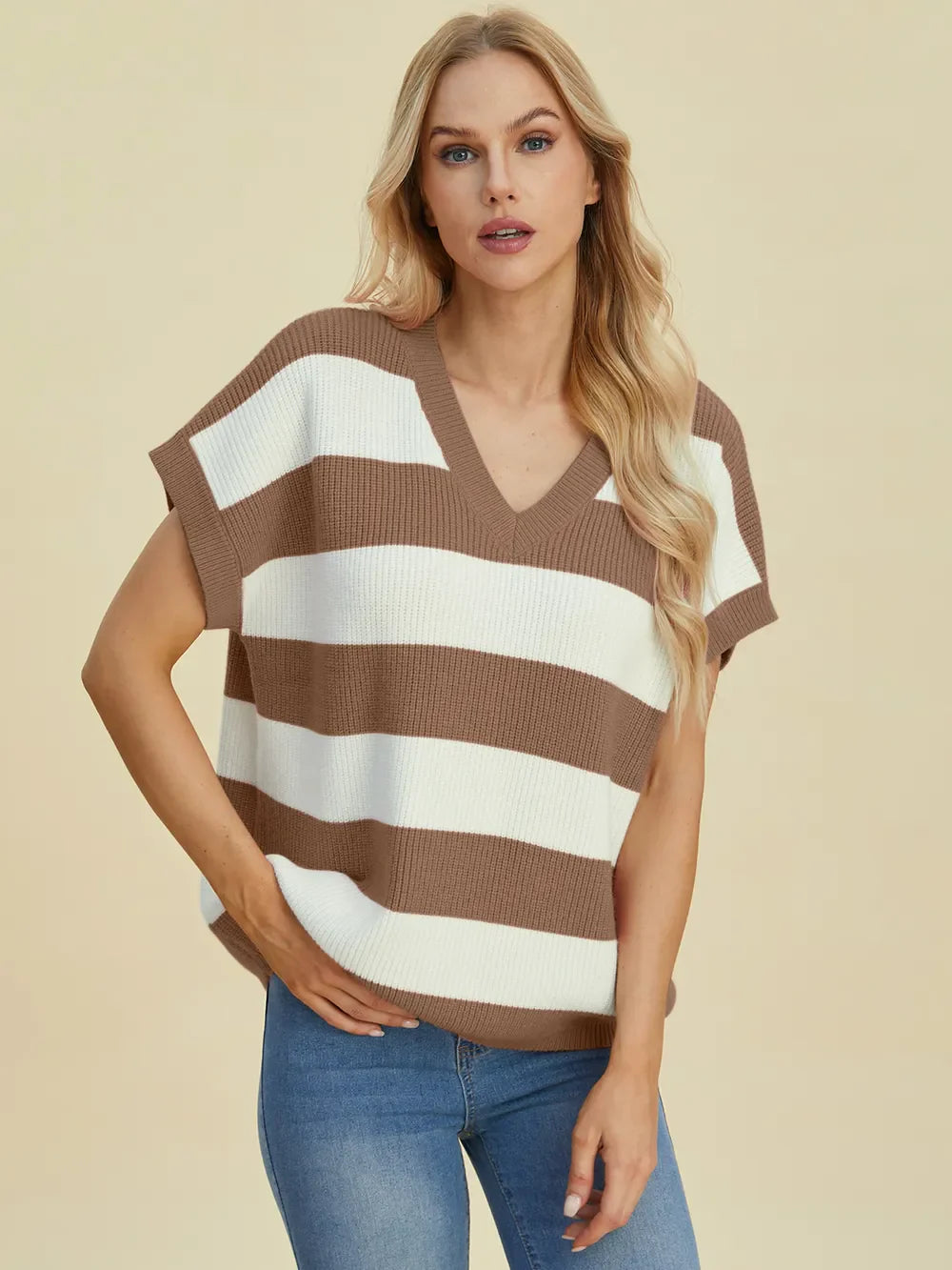 Double Take Full Size Striped V-Neck Short Sleeve Sweater.