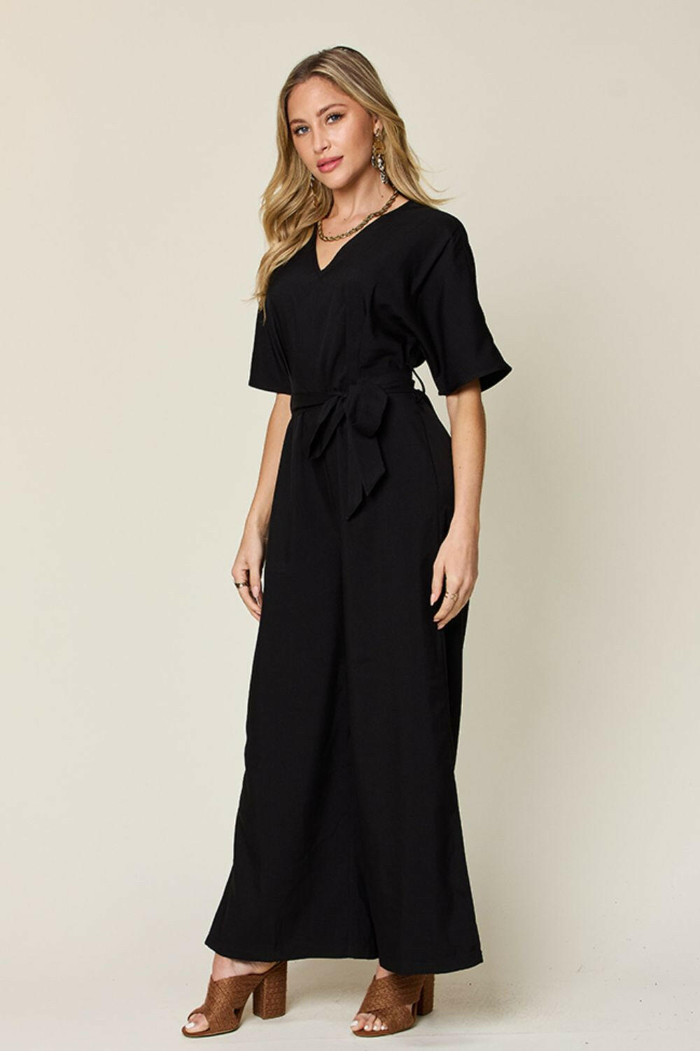 Double Take Full Size V-Neck Tie Front Short Sleeve Slit Jumpsuit.