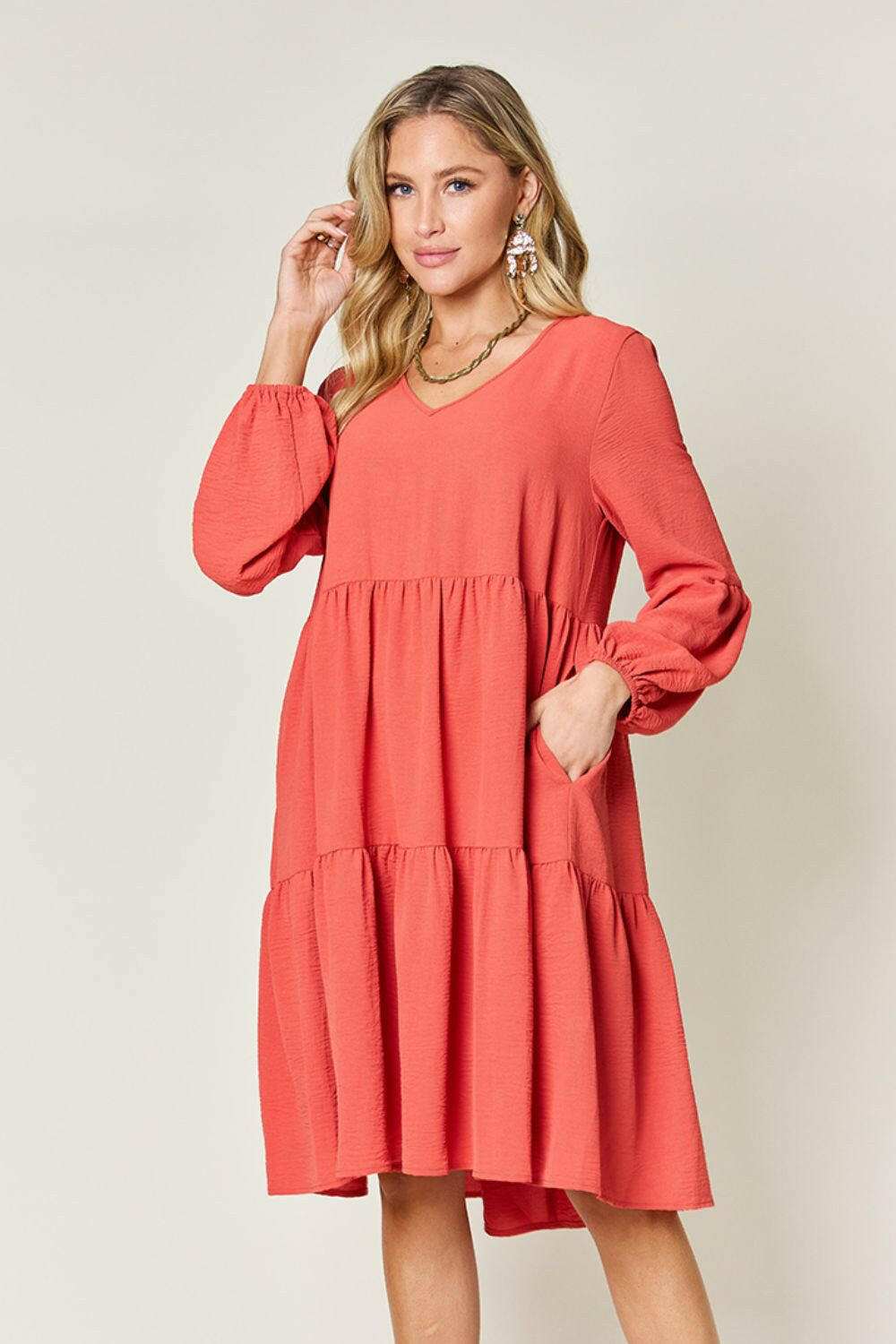 Double Take Full Size V-Neck Balloon Sleeve Tiered Dress.