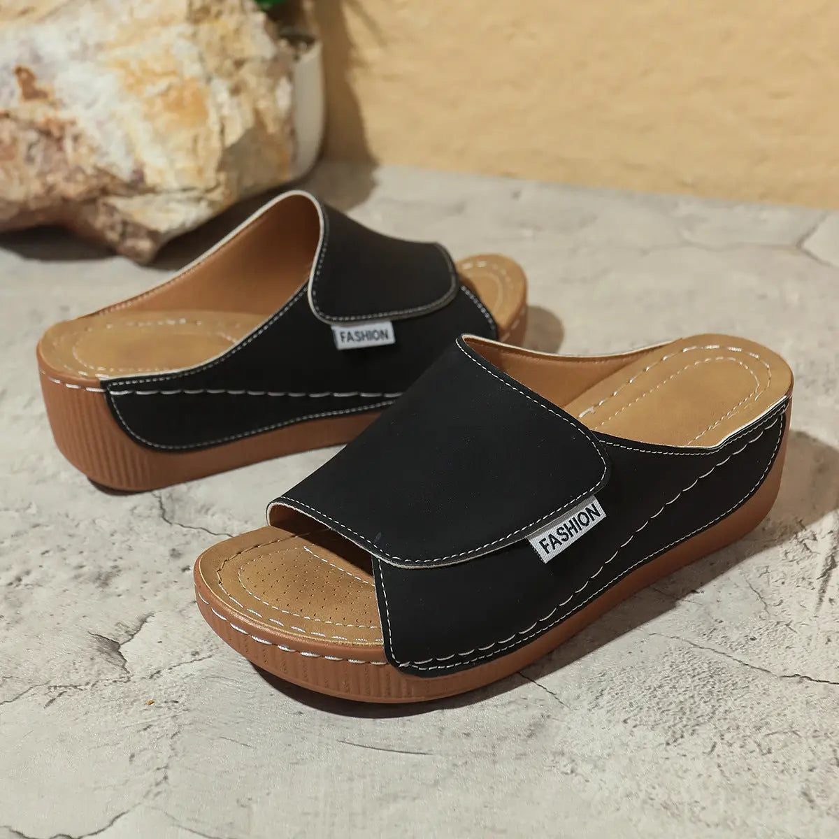 Summer Wedge Slides Slippers Fashion Fish Mouth Thick Bottom Roman Shoes Solid Color Beach Sandals For Women - MaraFormigone