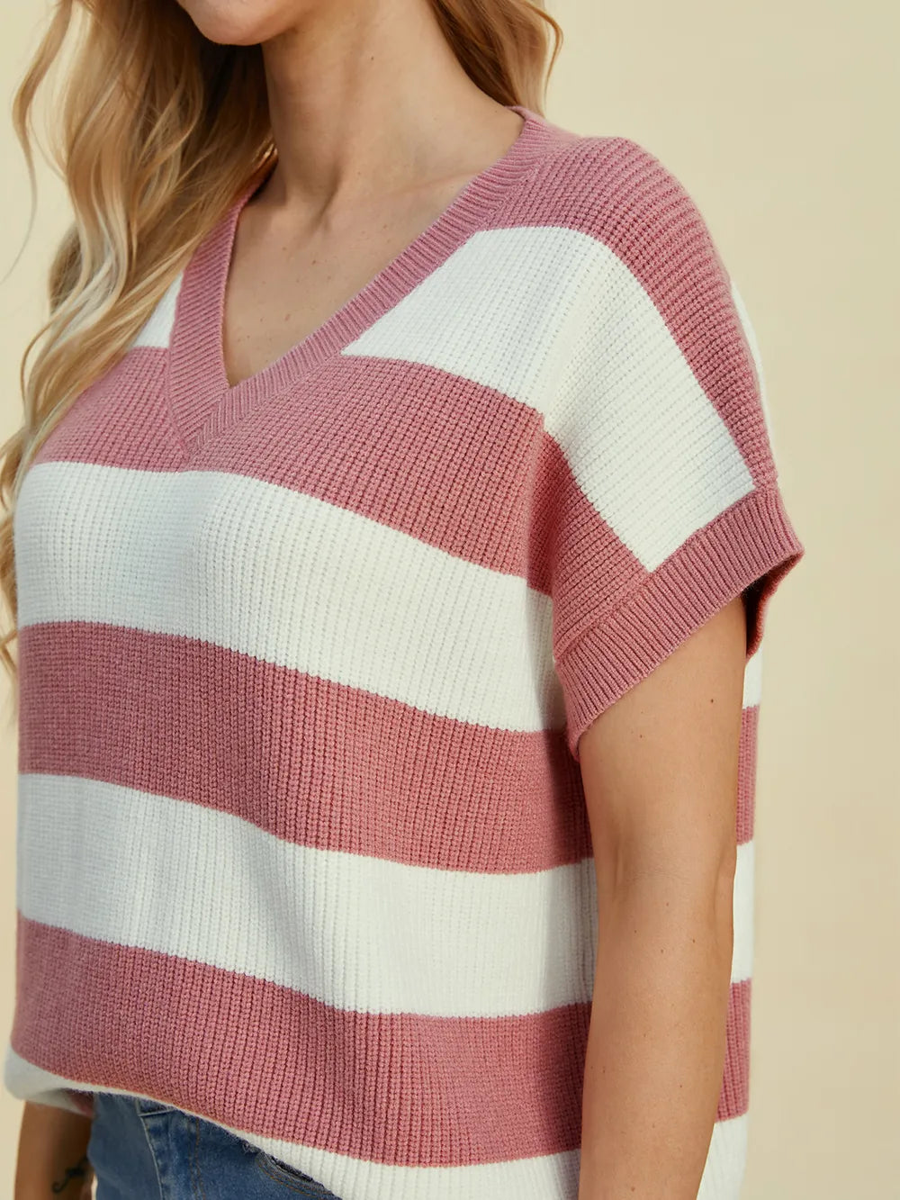 Double Take Full Size Striped V-Neck Short Sleeve Sweater.