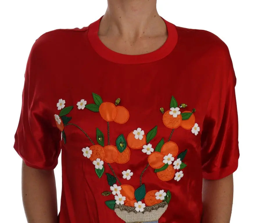 Dolce & Gabbana Red Silk Floral Embroidered Elegance Top Dolce & Gabbana