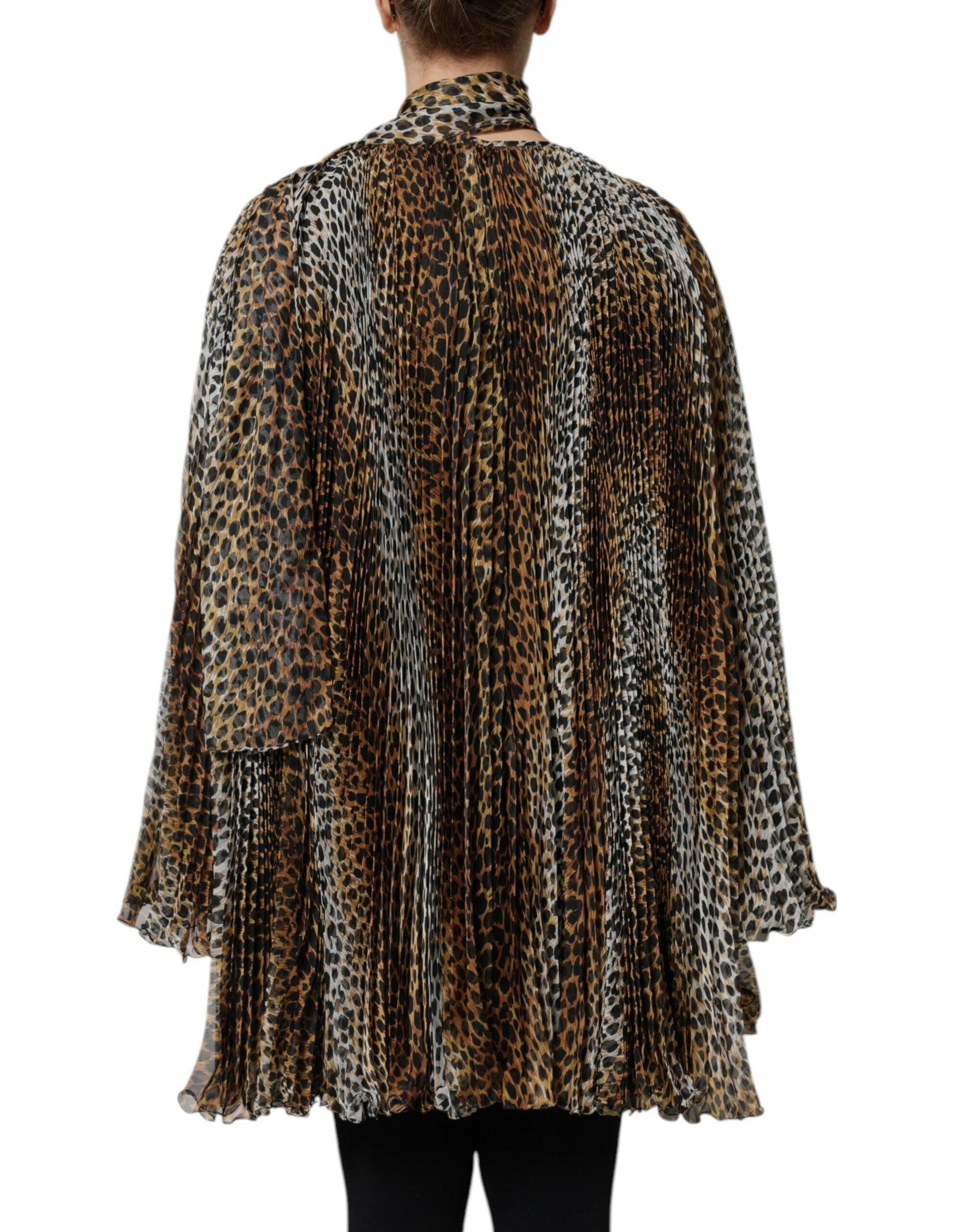 Dolce & Gabbana Brown Leopard Print Scarf Collared Chiffon Dress Dolce & Gabbana