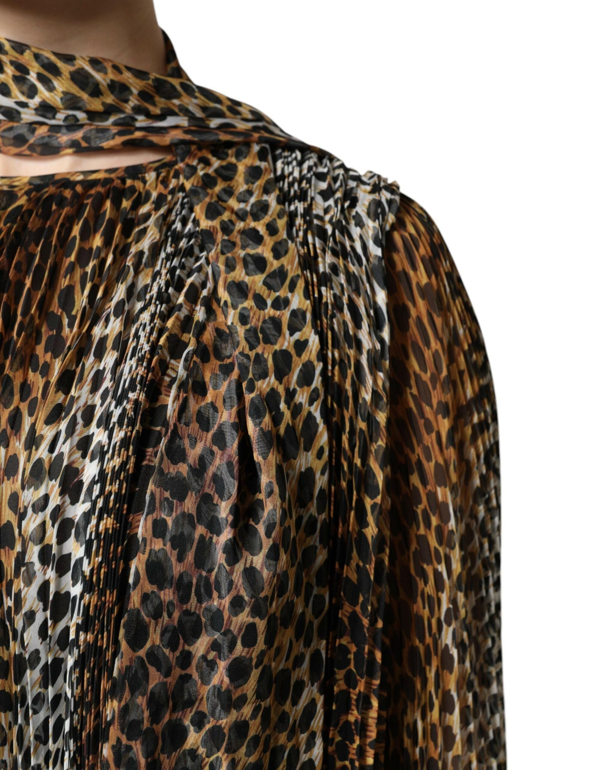Dolce & Gabbana Brown Leopard Print Scarf Collared Chiffon Dress Dolce & Gabbana