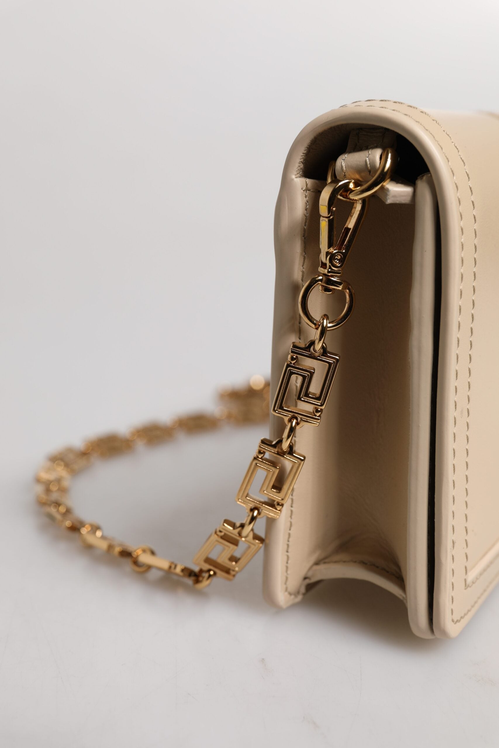 Versace Beige Gold Chain Calf Leather Wallet Crossbody Bag Versace