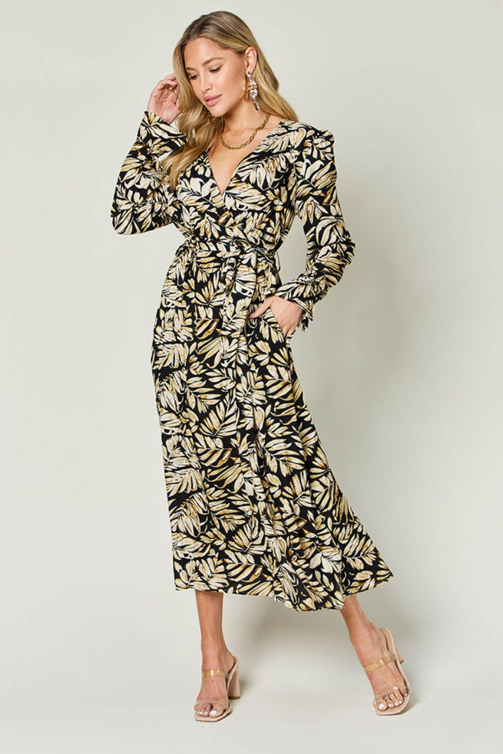 Double Take Full Size Tie Back Flounce Sleeve Dress.