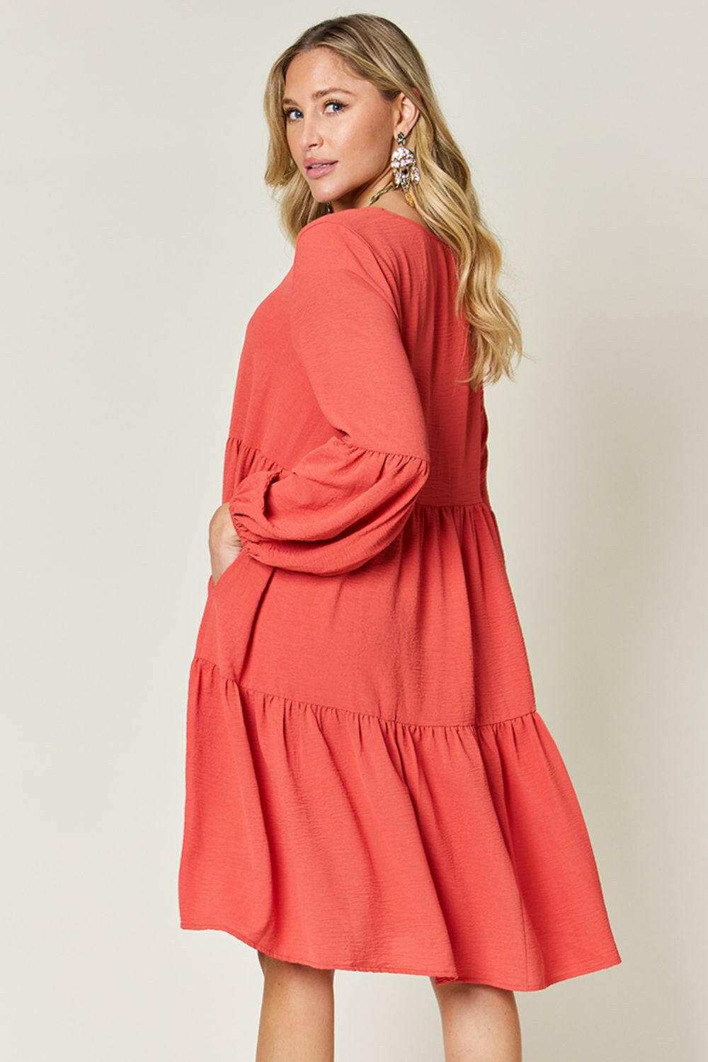 Double Take Full Size V-Neck Balloon Sleeve Tiered Dress.