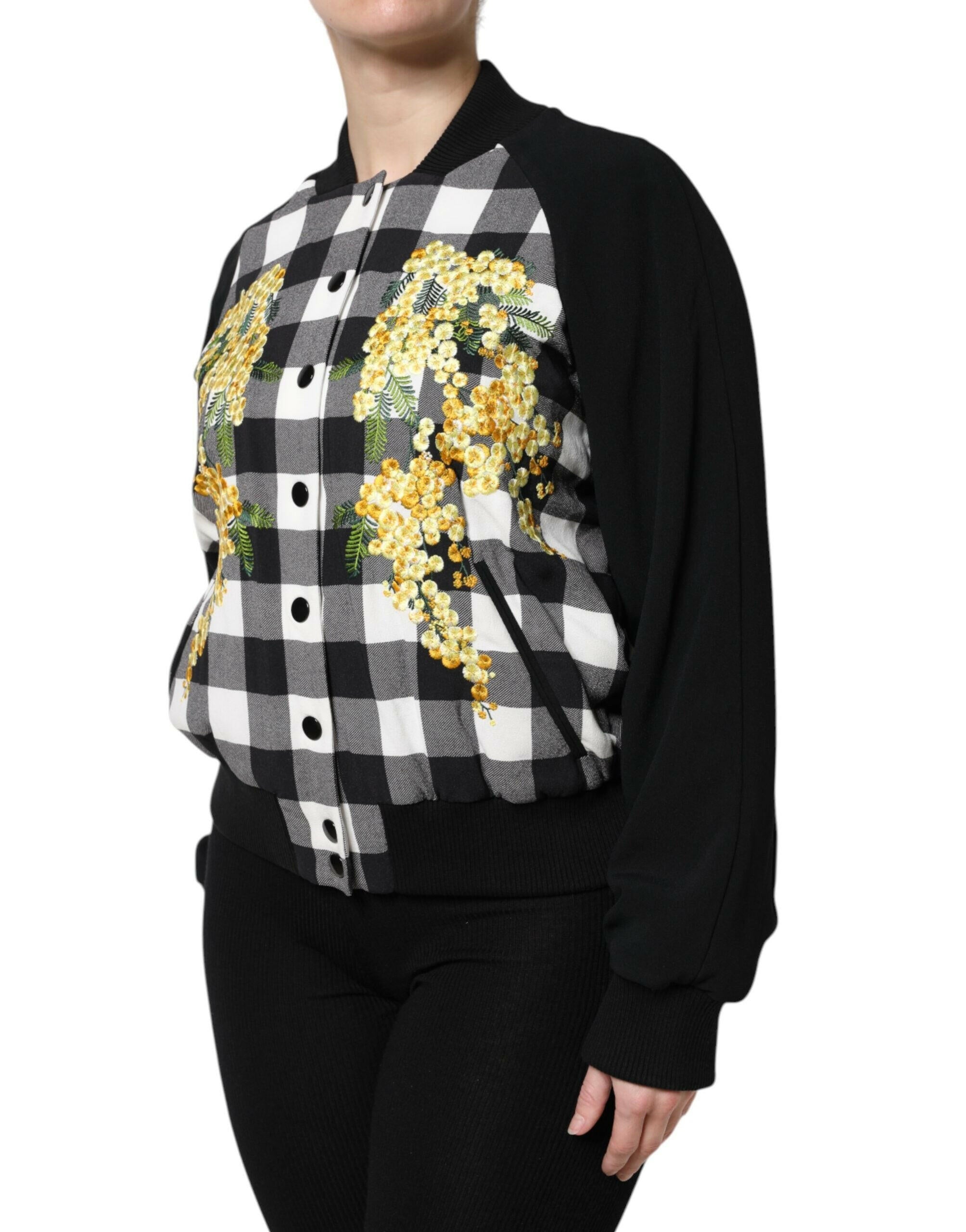 Dolce & Gabbana Black White Check Floral Button Down Jacket Dolce & Gabbana