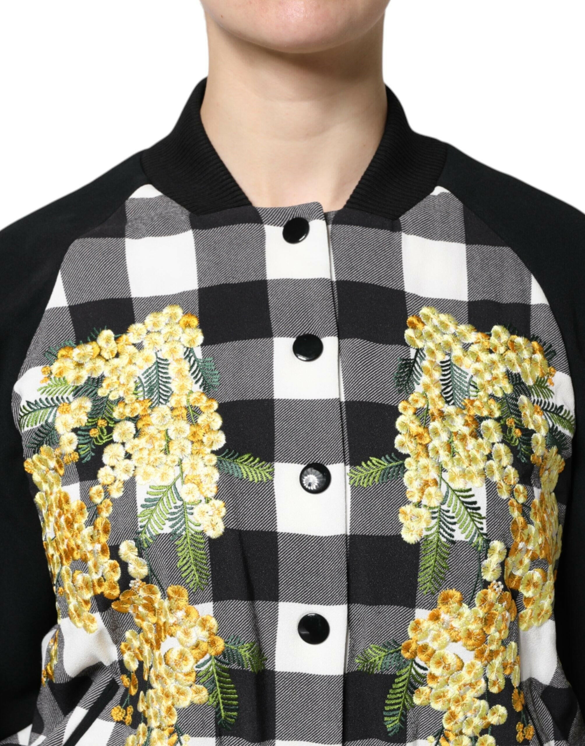 Dolce & Gabbana Black White Check Floral Button Down Jacket Dolce & Gabbana
