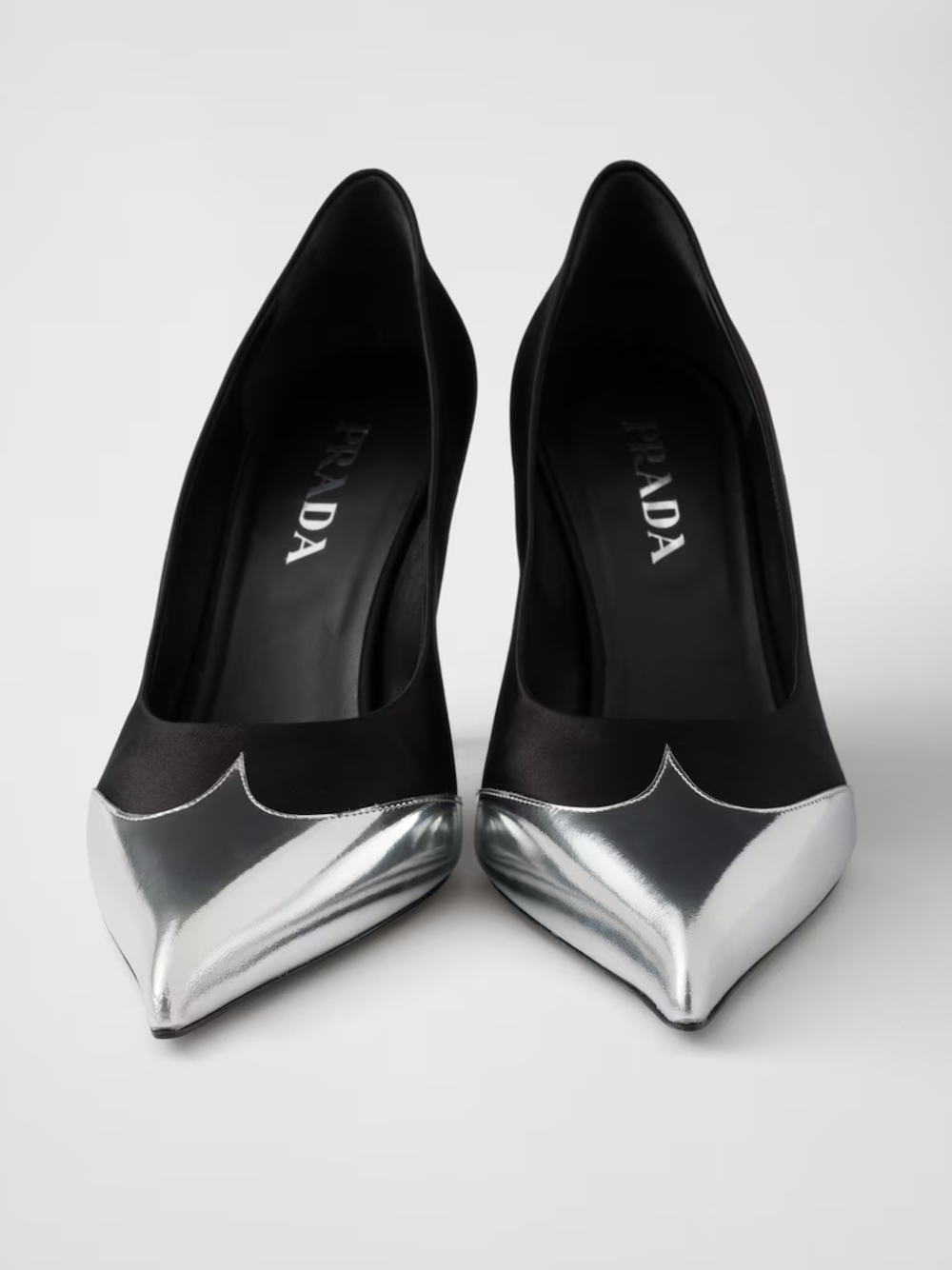 Prada Black Satin And Metallic Silver Leather Pumps Prada