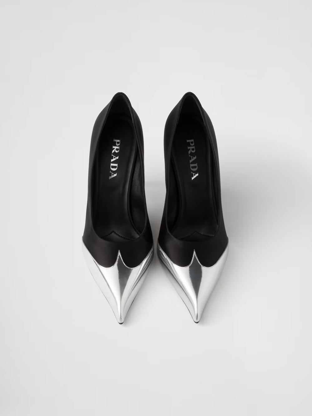 Prada Black Satin And Metallic Silver Leather Pumps Prada