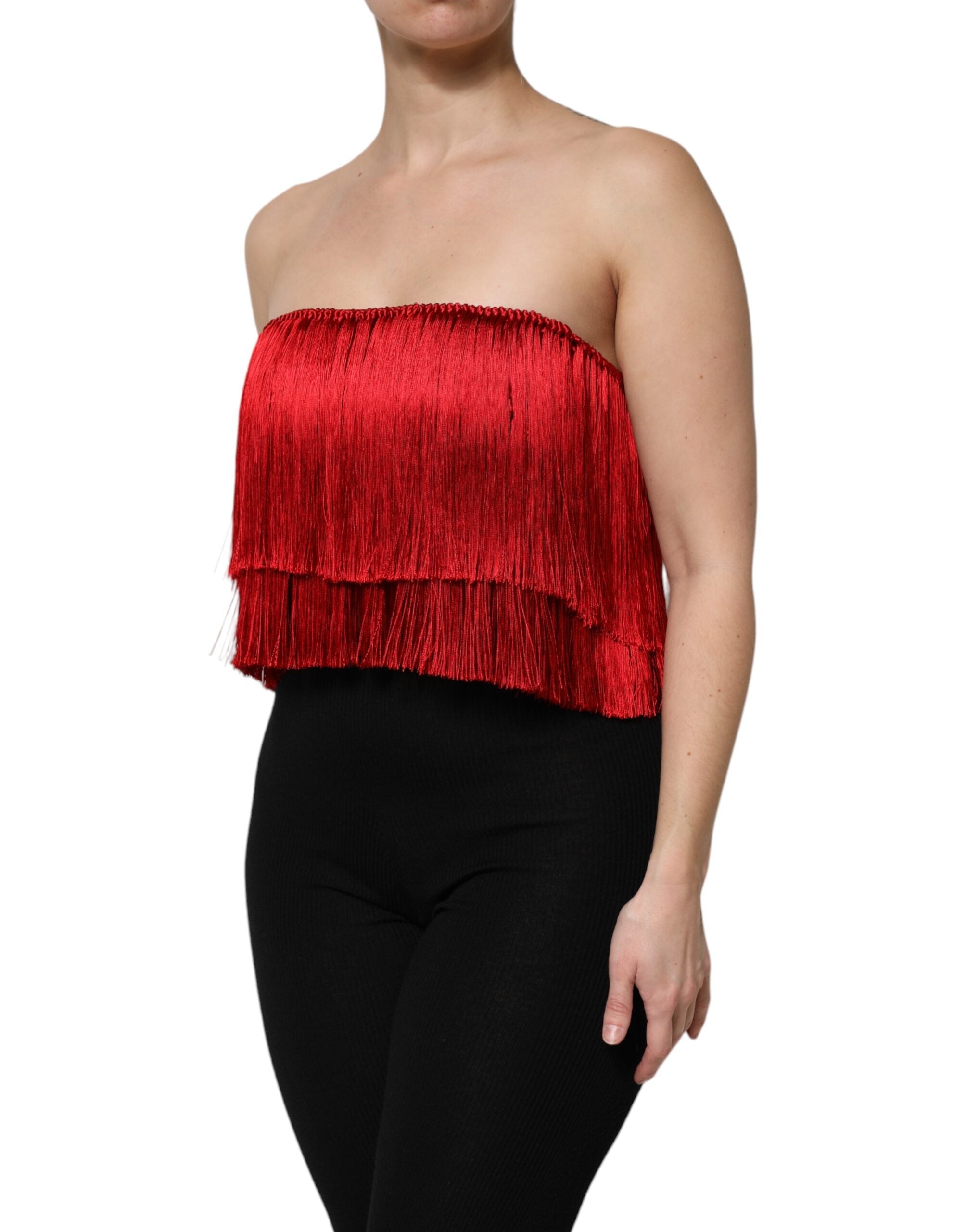 Dolce & Gabbana Red Silk Strapless Fringe Crop Tube Top Dolce & Gabbana