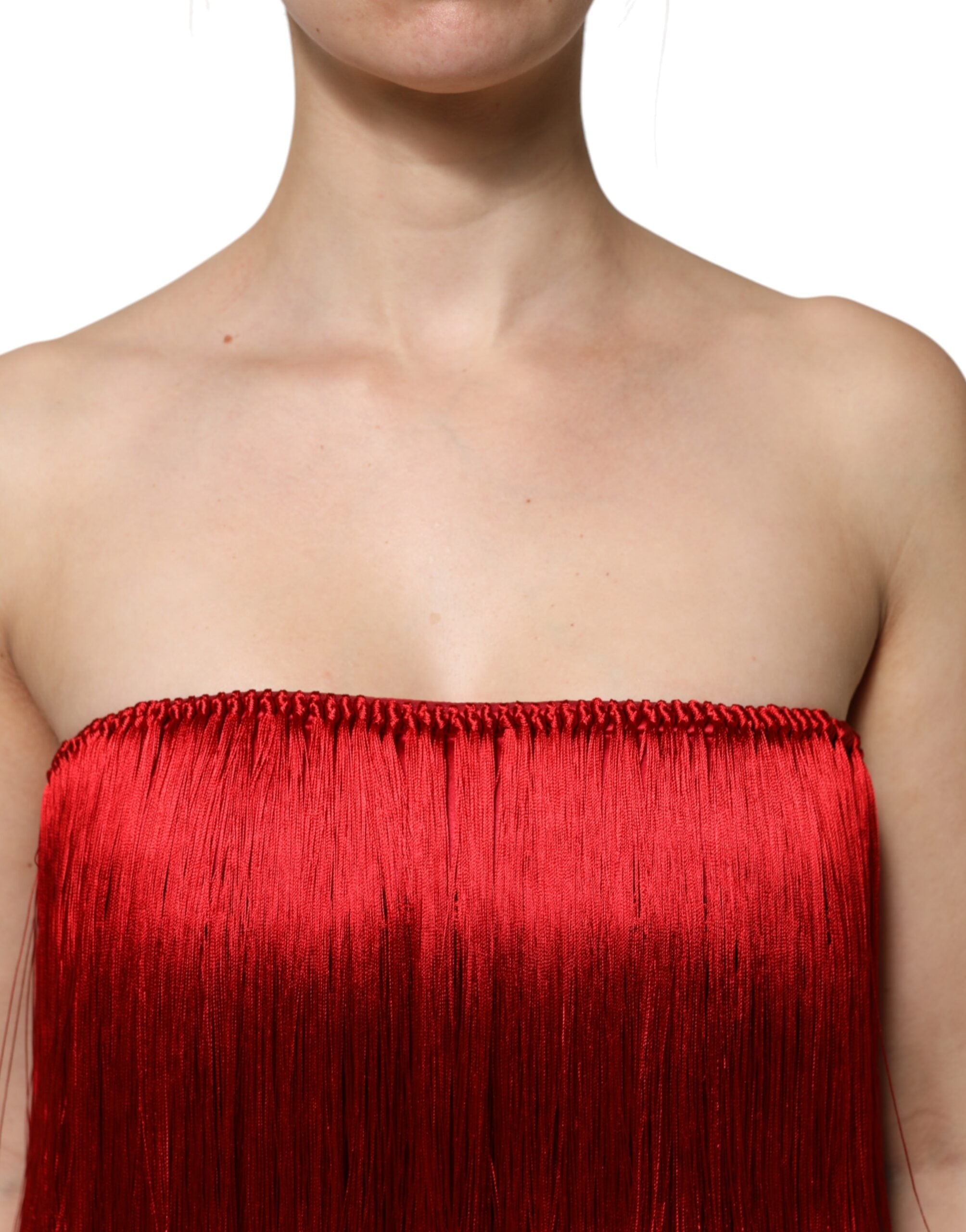 Dolce & Gabbana Red Silk Strapless Fringe Crop Tube Top Dolce & Gabbana