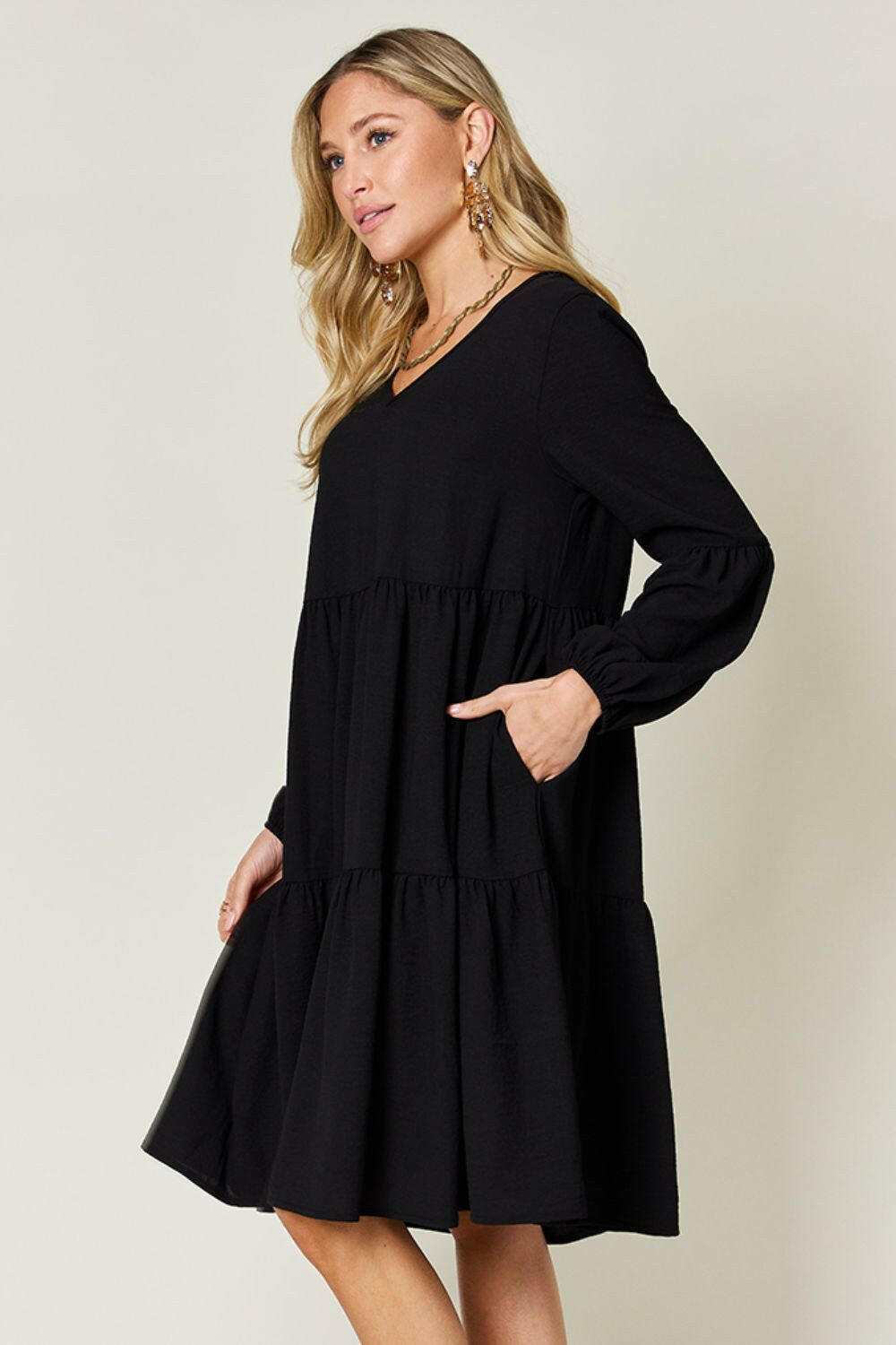 Double Take Full Size V-Neck Balloon Sleeve Tiered Dress.