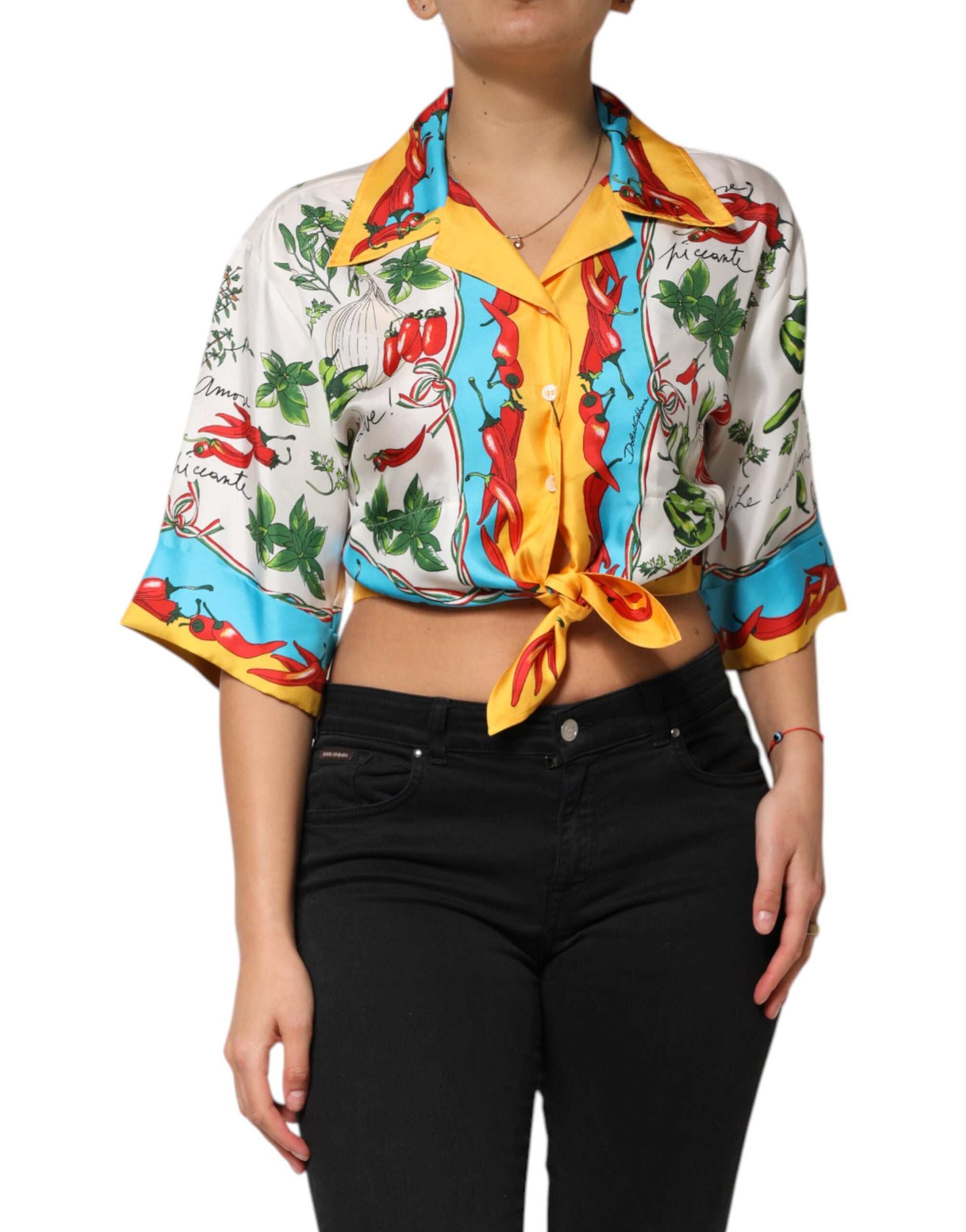 Blusa cropped de seda multicolorida Dolce & Gabbana Chili