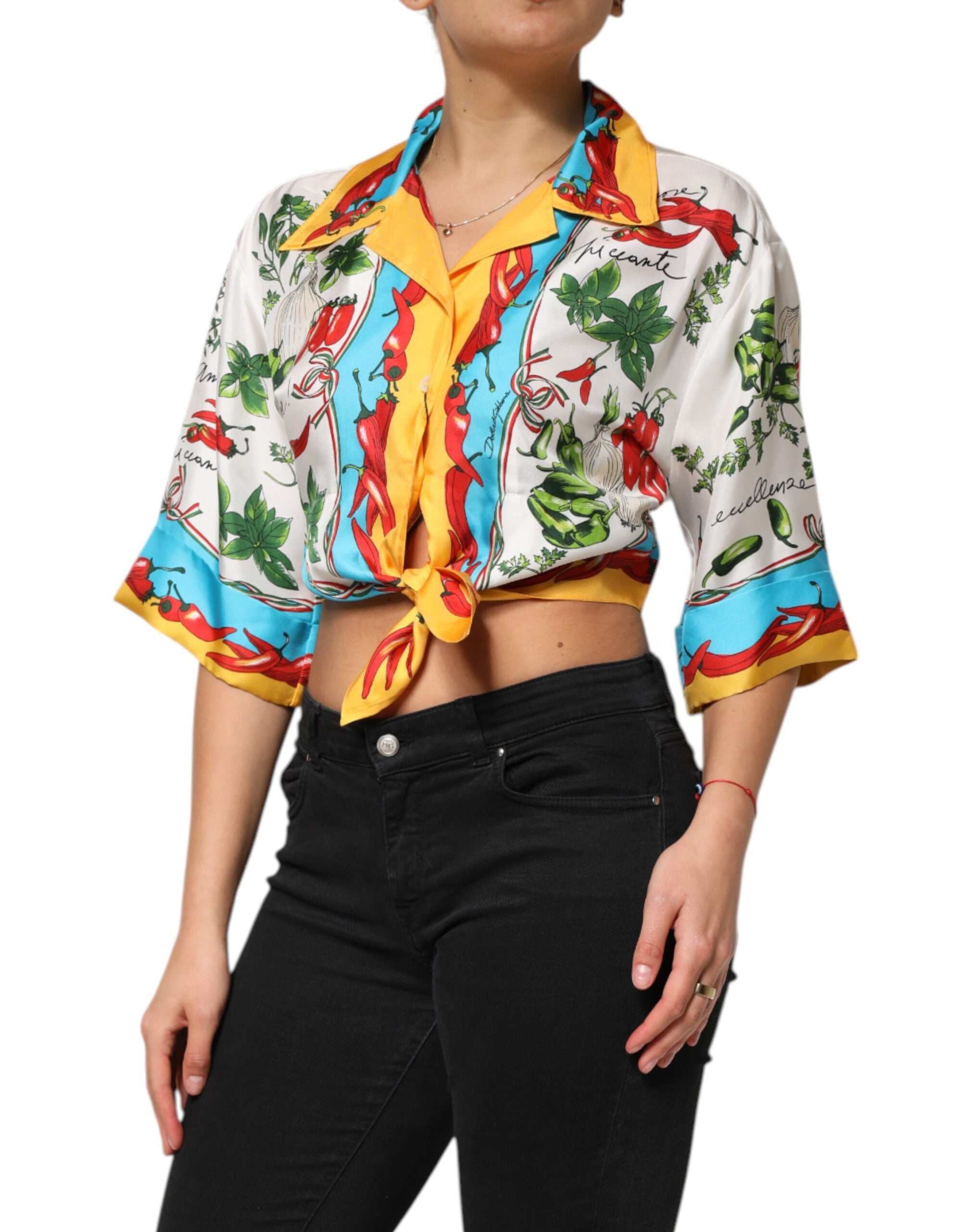 Blusa cropped de seda multicolorida Dolce & Gabbana Chili