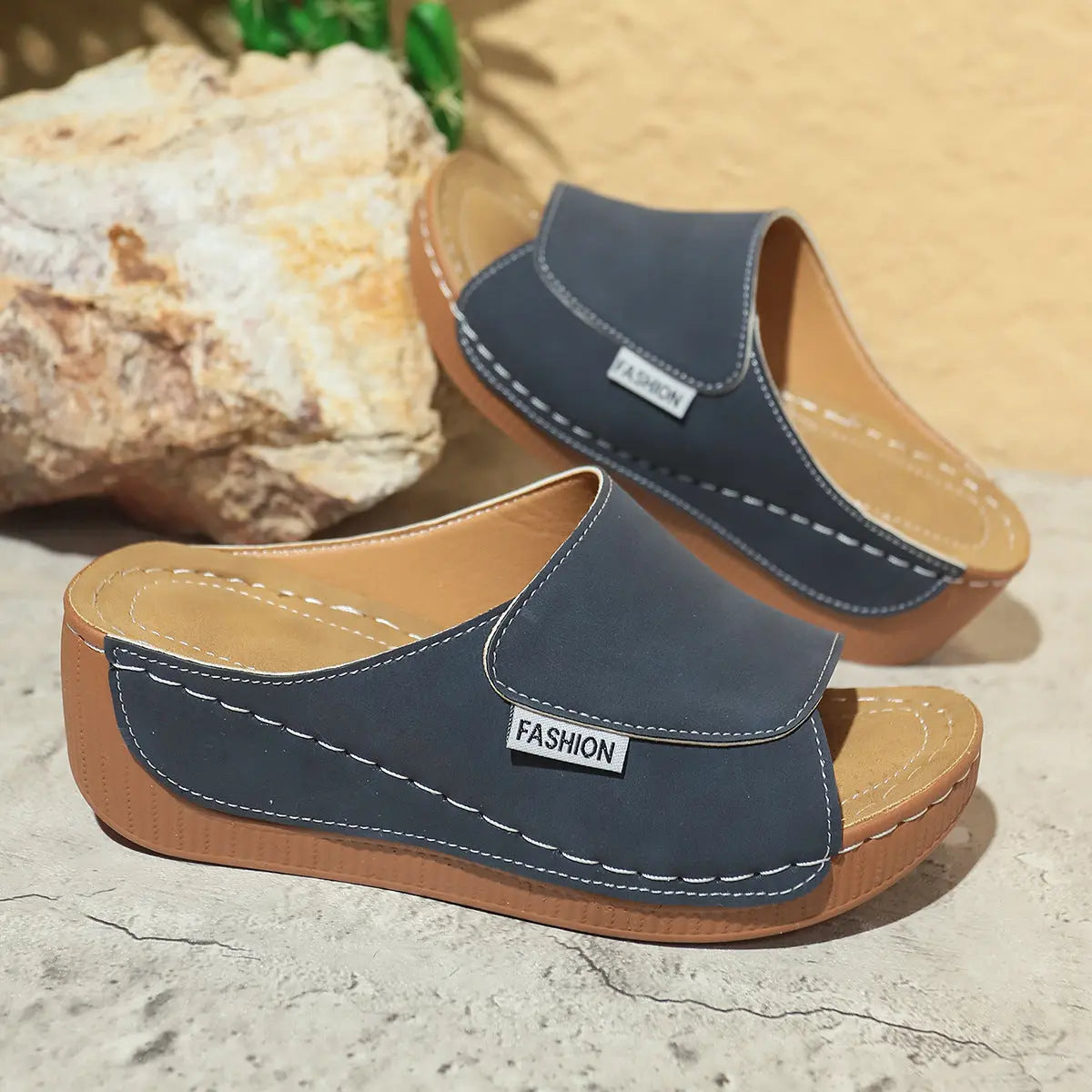 Summer Wedge Slides Slippers Fashion Fish Mouth Thick Bottom Roman Shoes Solid Color Beach Sandals For Women - MaraFormigone