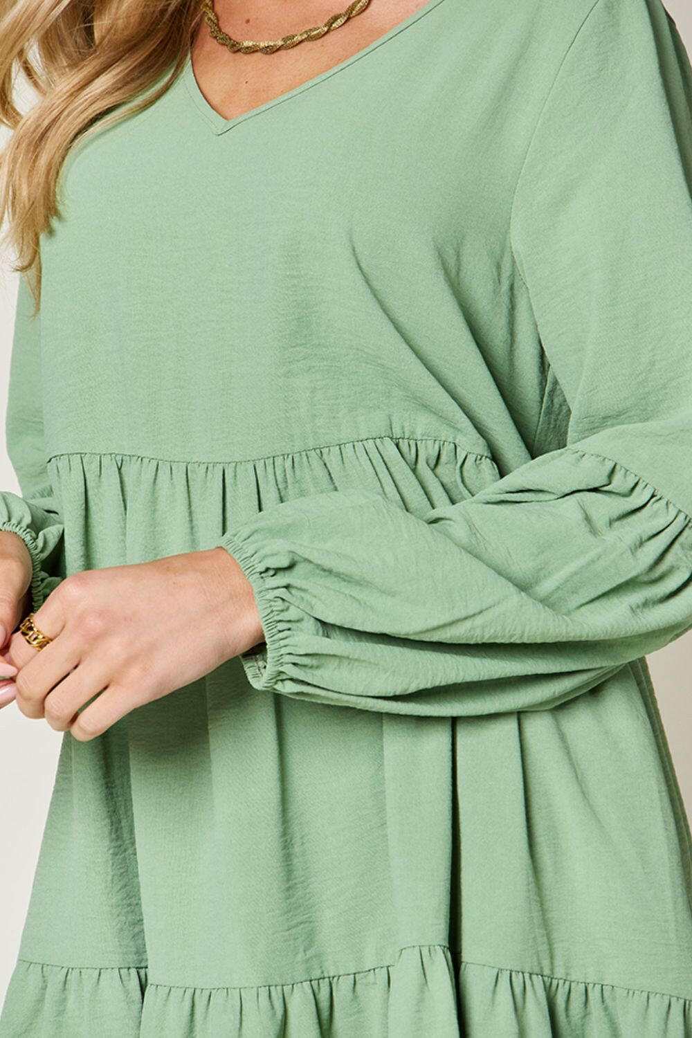 Double Take Full Size V-Neck Balloon Sleeve Tiered Dress.