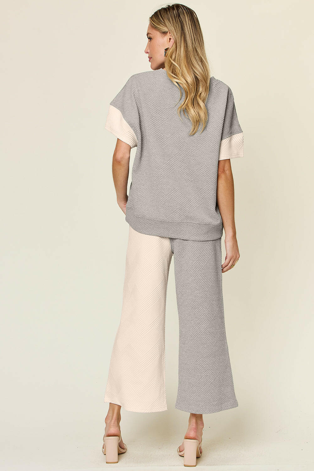 Double Take Full Size Texture Contrast T-Shirt and Wide Leg Pants Set.
