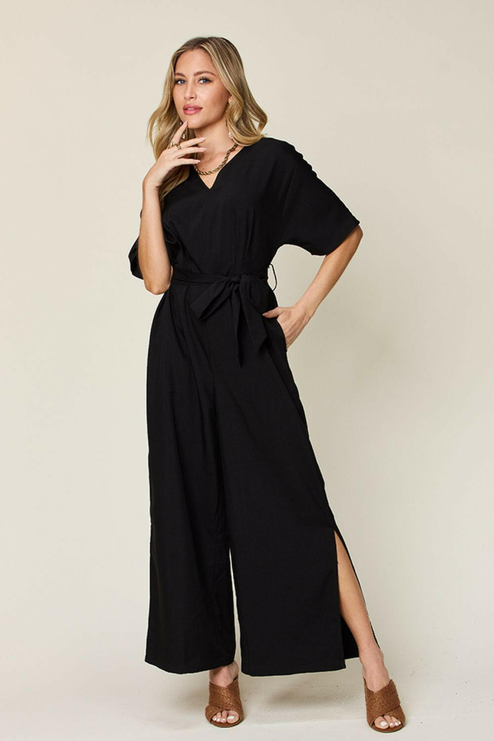 Double Take Full Size V-Neck Tie Front Short Sleeve Slit Jumpsuit.