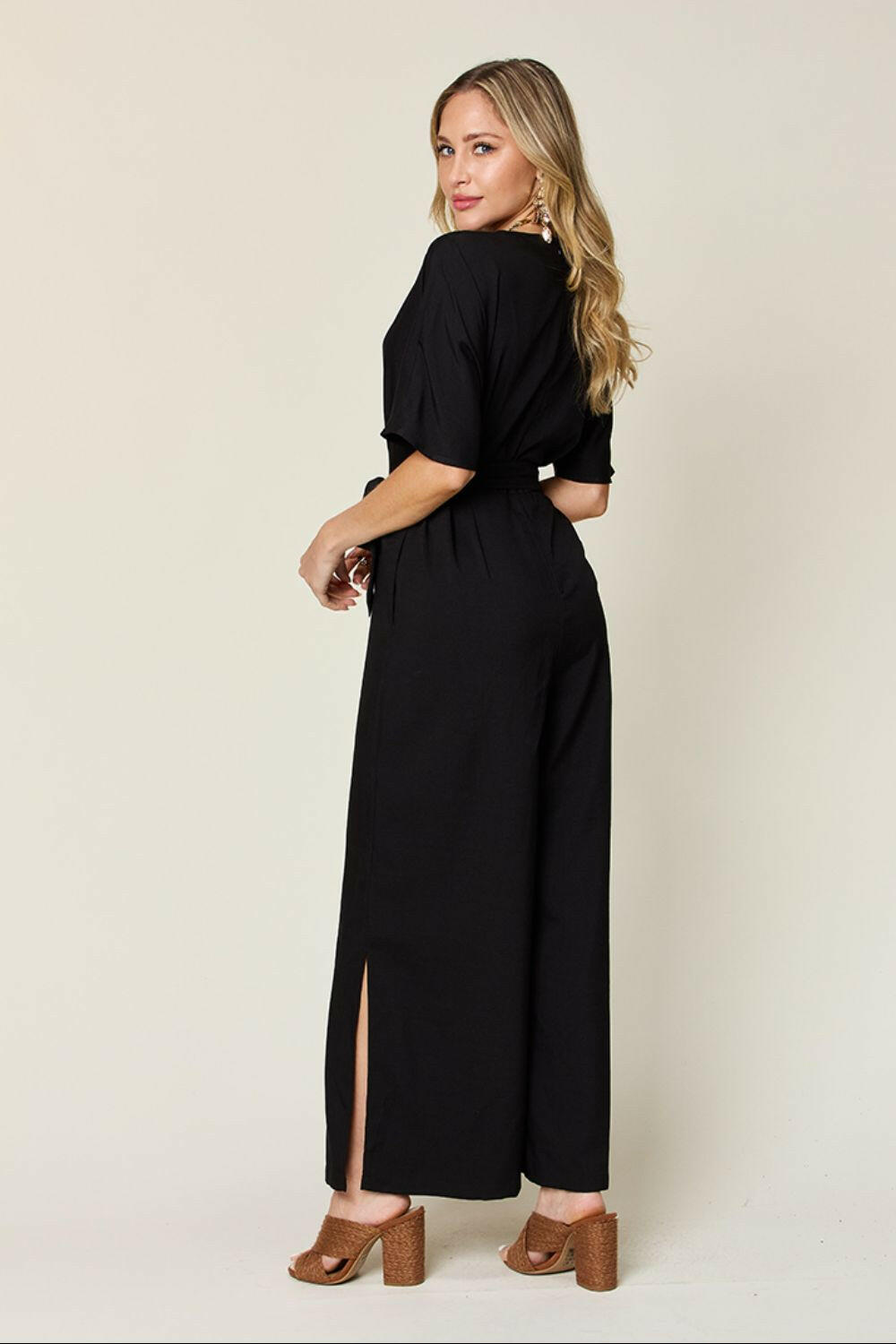 Double Take Full Size V-Neck Tie Front Short Sleeve Slit Jumpsuit.