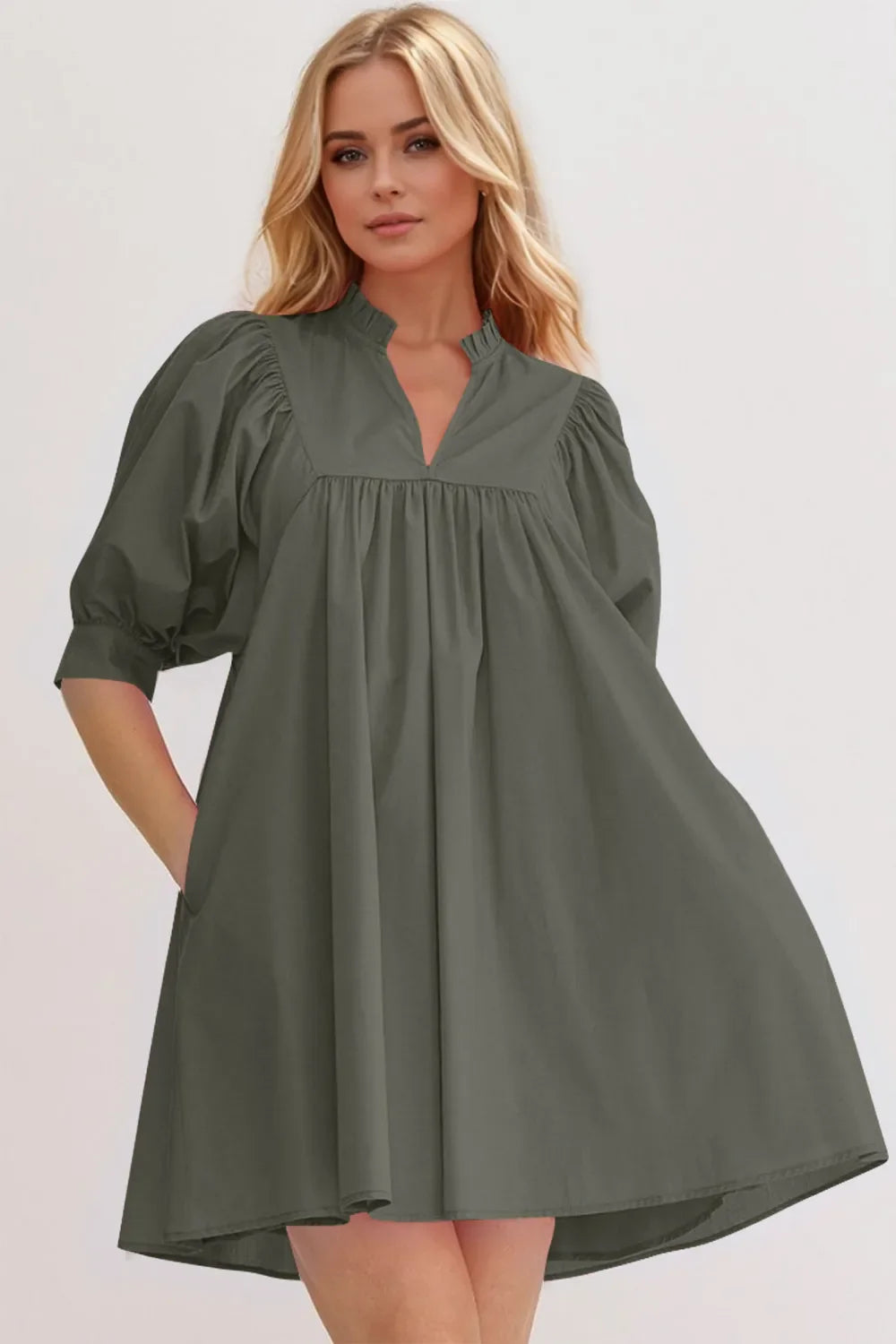 Oh Frill Notched Puff Sleeve Babydoll Mini Dress - MaraFormigone