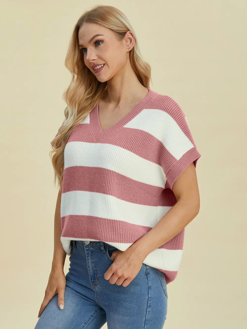 Double Take Full Size Striped V-Neck Short Sleeve Sweater.