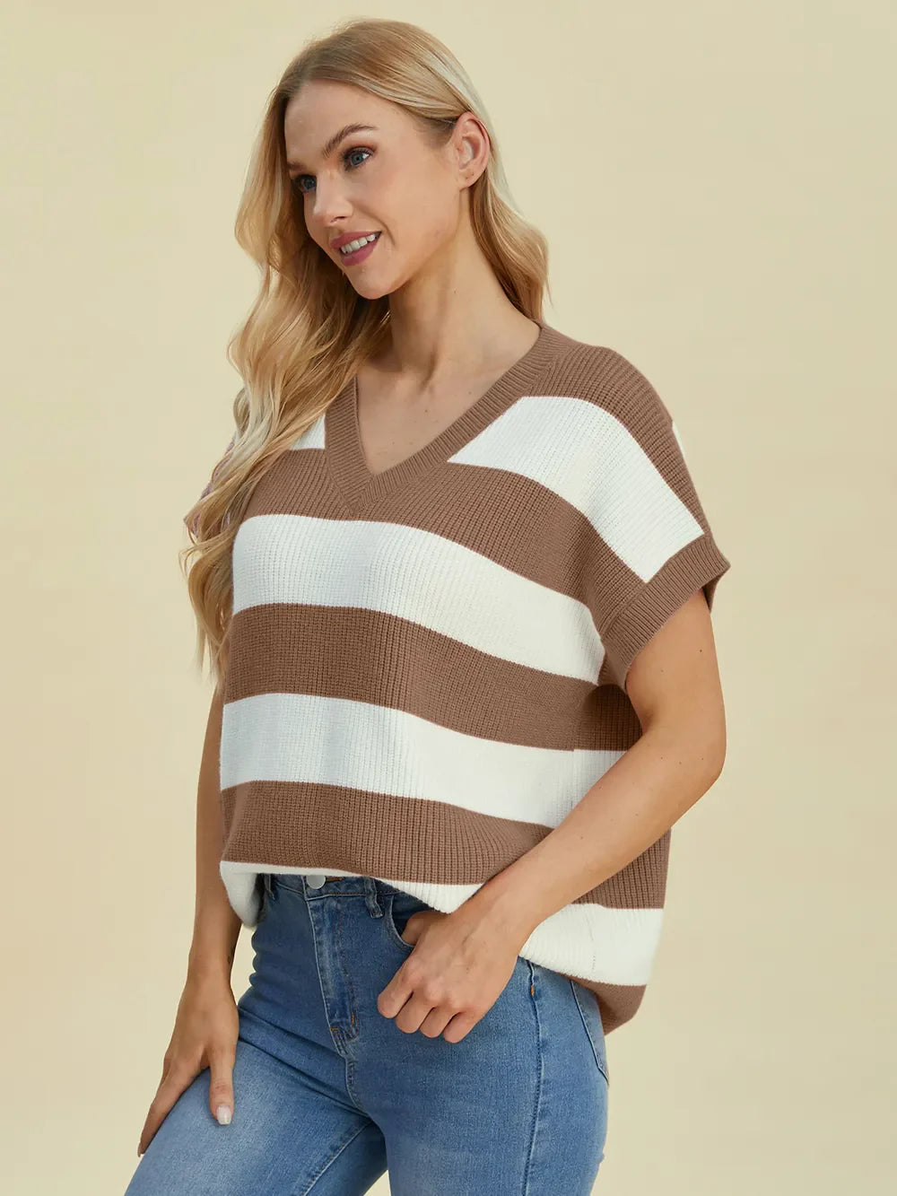 Double Take Full Size Striped V-Neck Short Sleeve Sweater.