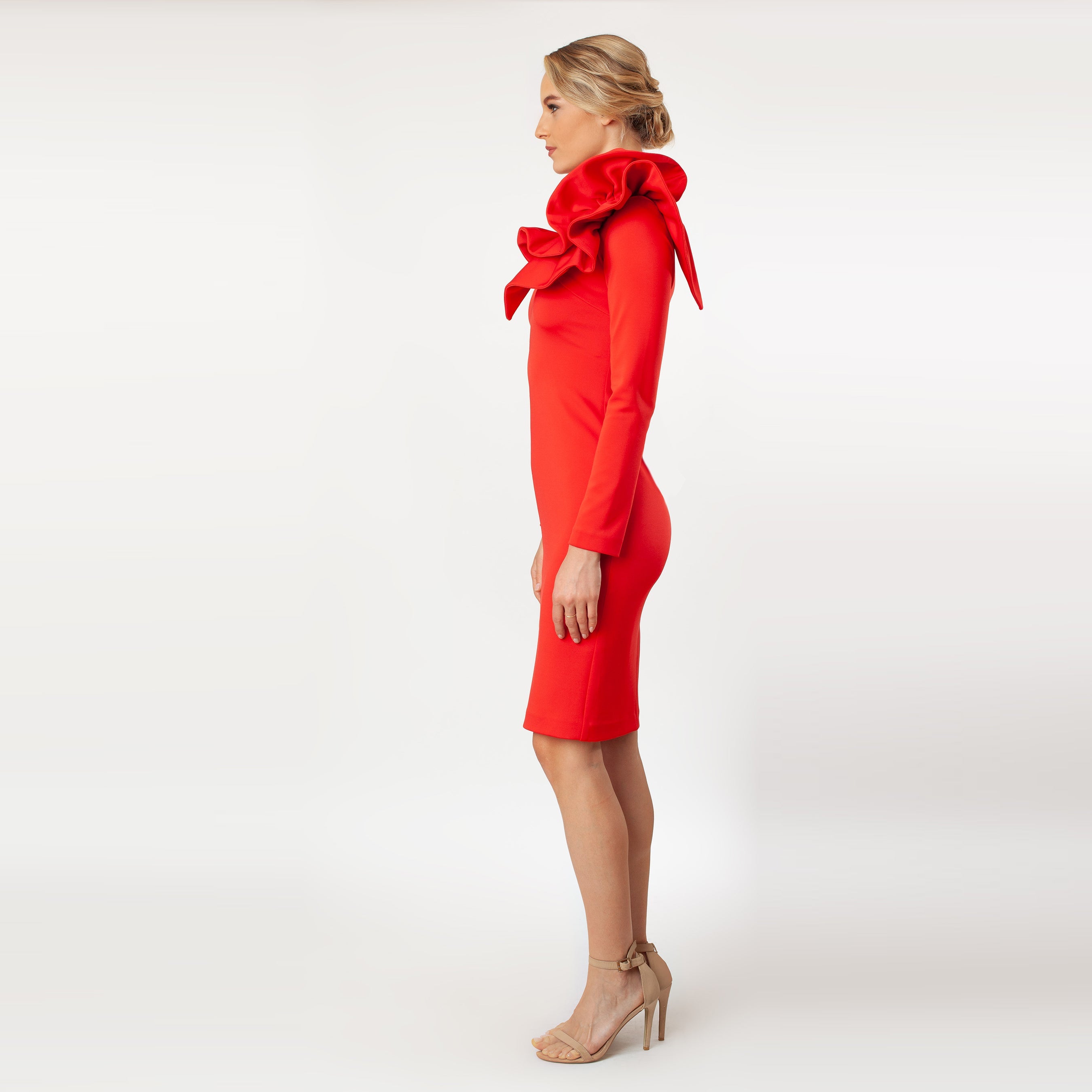 Asymmetric Ruffled Shoulder Sheath - MaraFormigone