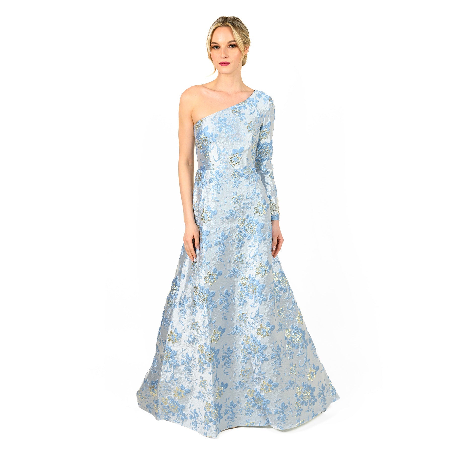 Vestido largo clásico con un solo hombro y cuentas