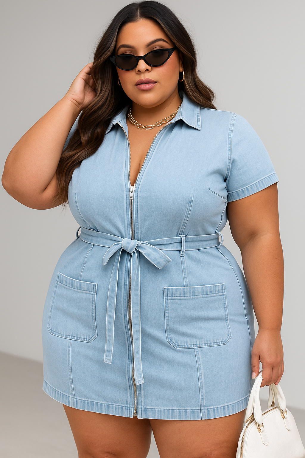 Curvy Confidence Zip-Up Denim Mini Dress – Plus Sizes Trendsi