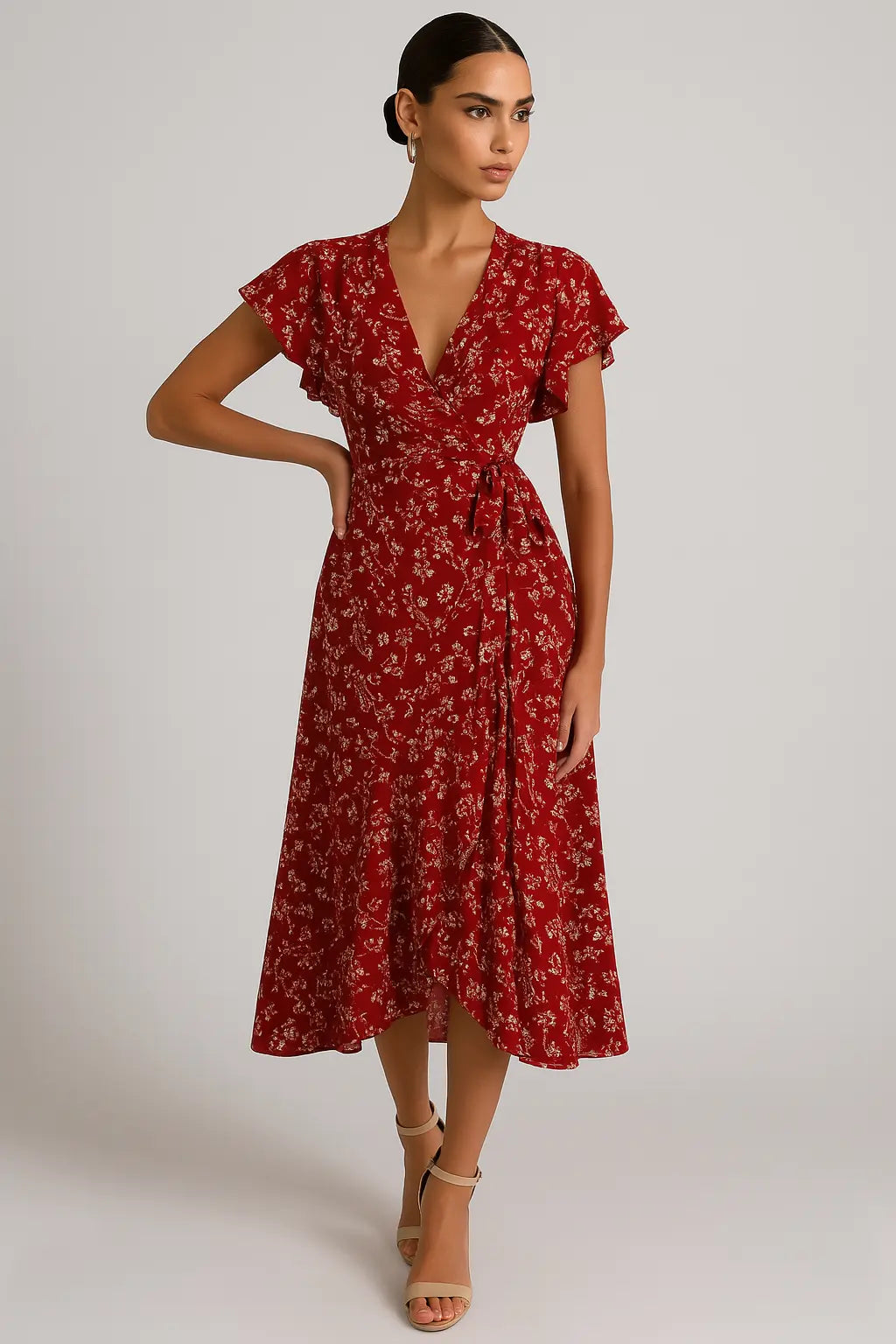 Amora Belle Floral Ruffle Sleeves Midi Dress Trendsi