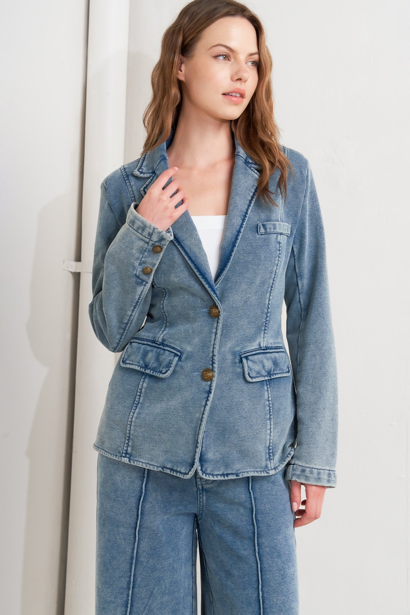 Blazer de tecido felpudo francês com modelagem ajustada